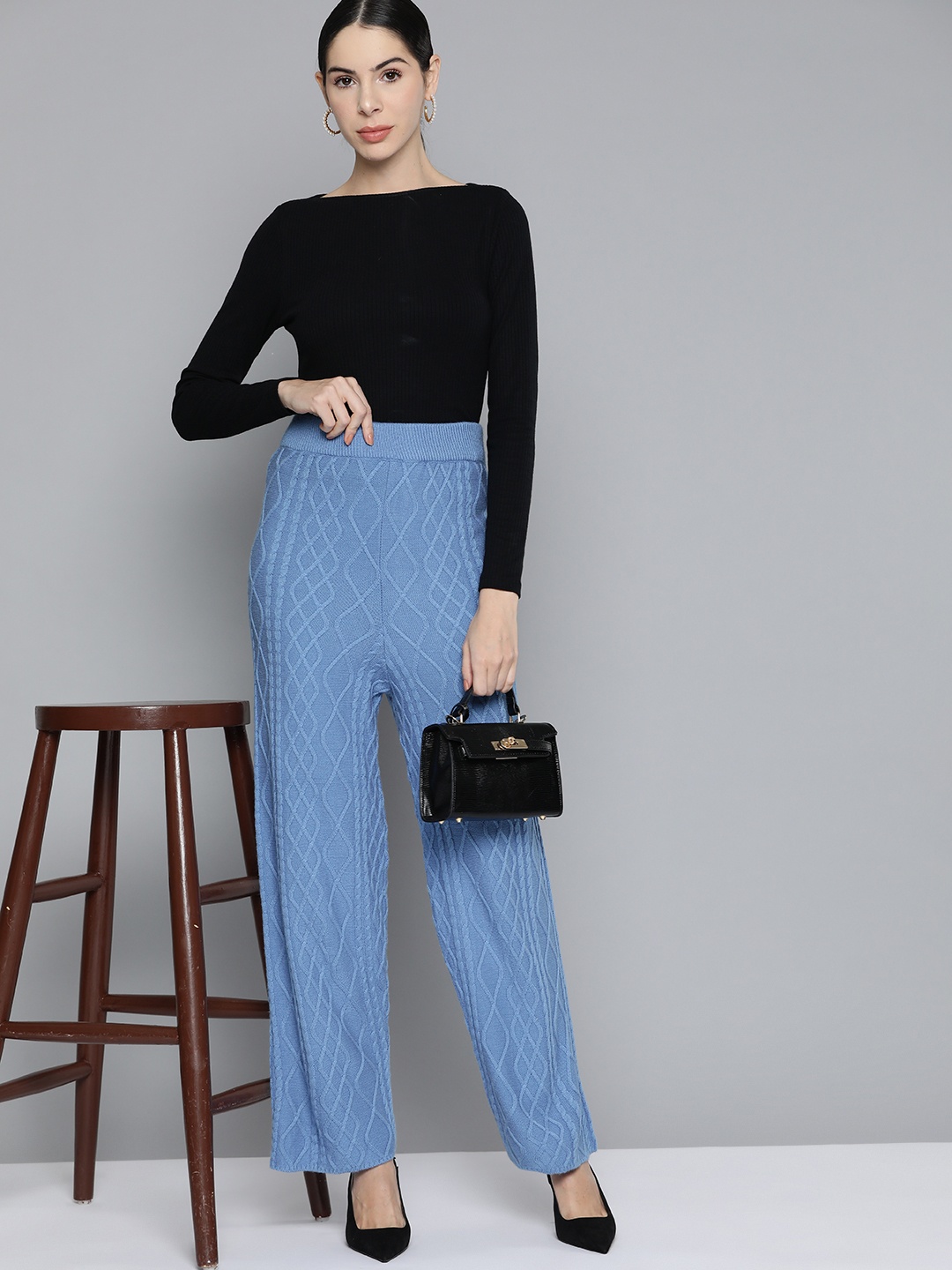 

Chemistry Women Blue Cable Knit High-Rise woolen Trousers