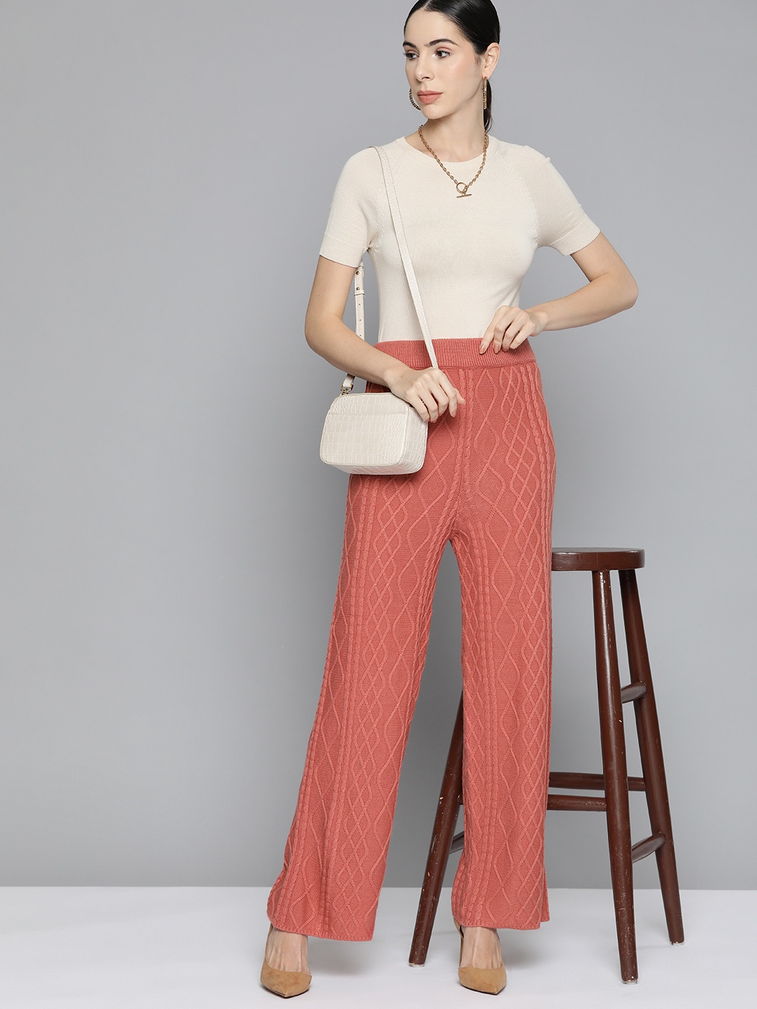 

Chemistry Women Coral Pink Cable Knit High-Rise Woollen Trousers