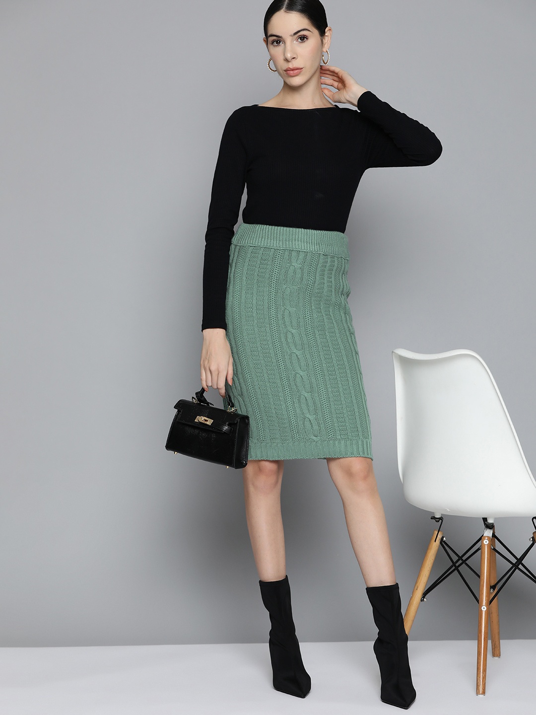 

Chemistry Women Green Cable Knit Pencil Winter Skirt