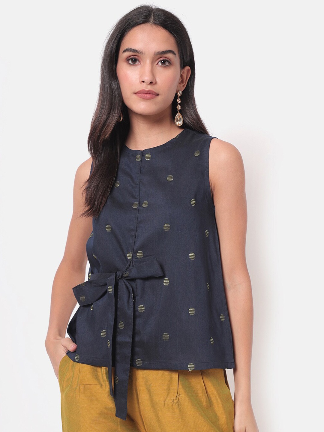 

Saaki Navy Blue Printed A-Line Top