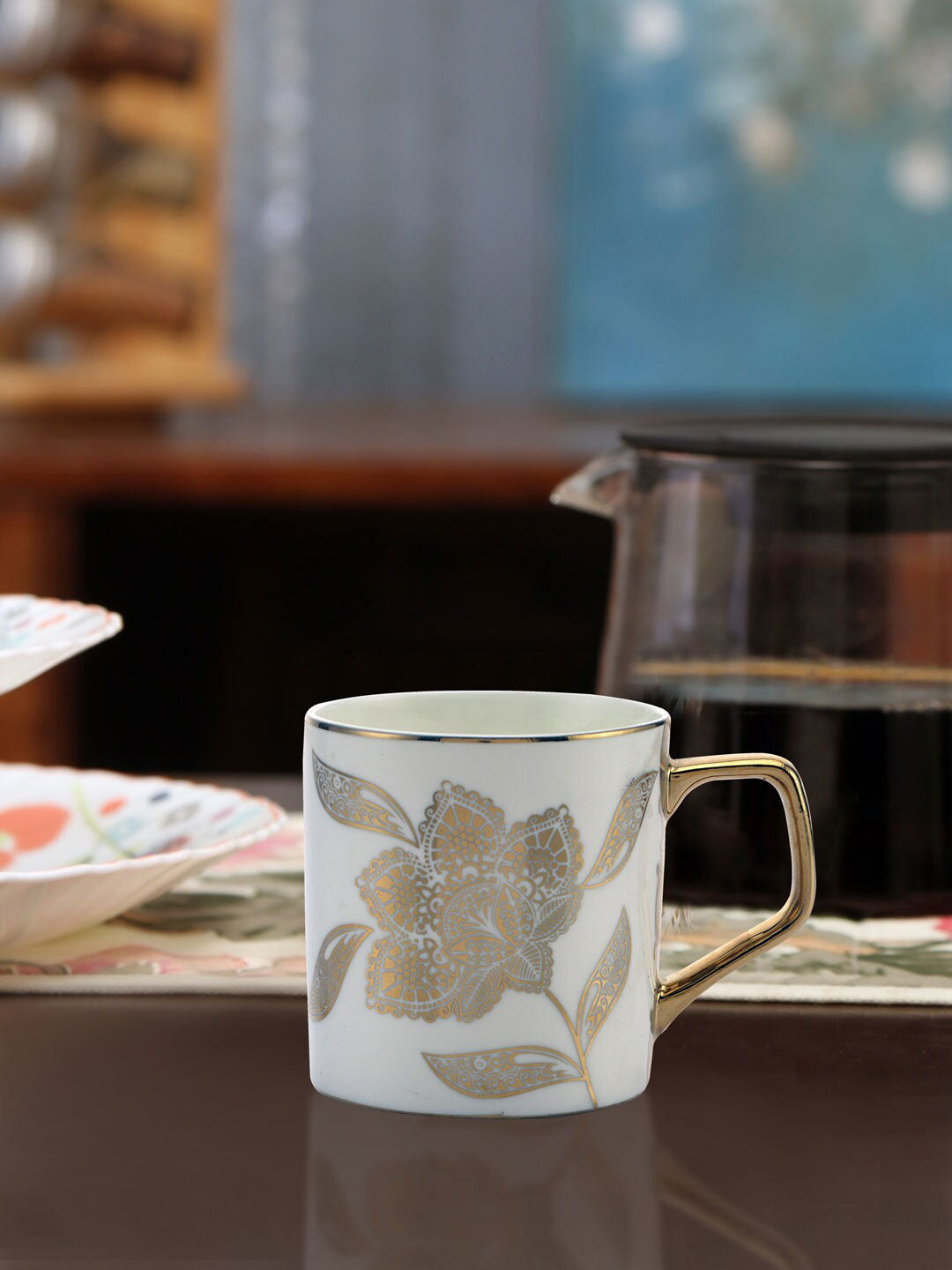 

Athome by Nilkamal White & Gold-Toned Floral Printed Ceramic Matte Cup