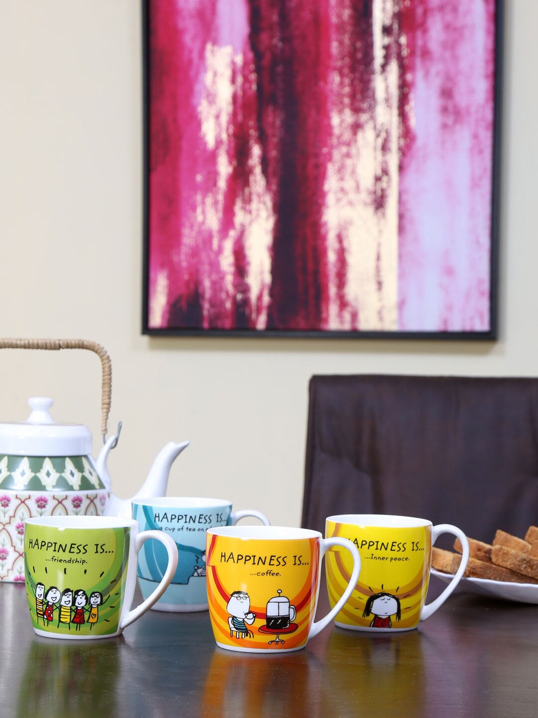 

Athome by Nilkamal Yellow & Blue Set of 4 Geometric Printed Ceramic Matte Cups
