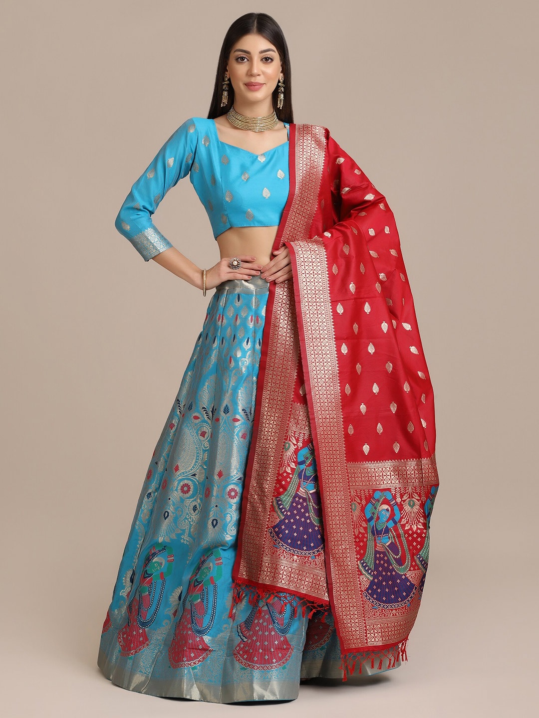 

Warthy Ent Turquoise Blue & Red Semi-Stitched Lehenga & Unstitched Blouse With Dupatta