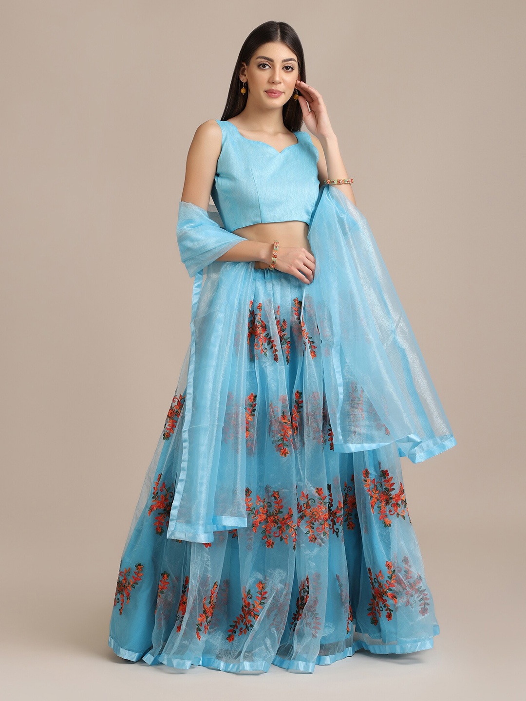 

Warthy Ent Turquoise Blue & Red Semi-Stitched Lehenga & Unstitched Blouse With Dupatta