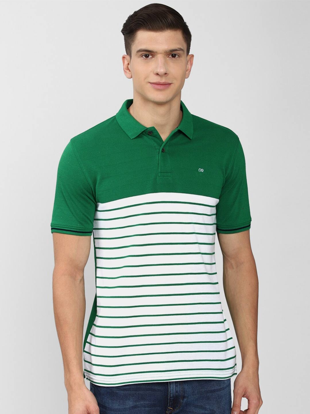 

Peter England Casuals Men Green Striped Polo Collar T-shirt