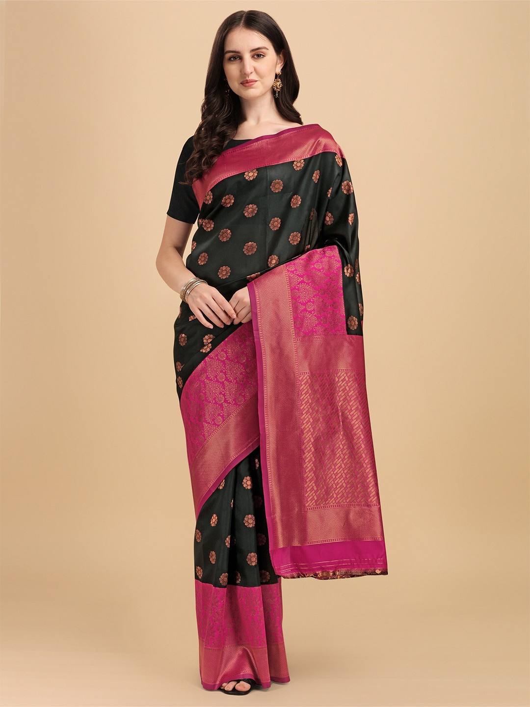 

Fashion Booms Black & Pink Floral Kanjeevaram Pure Silk Saree