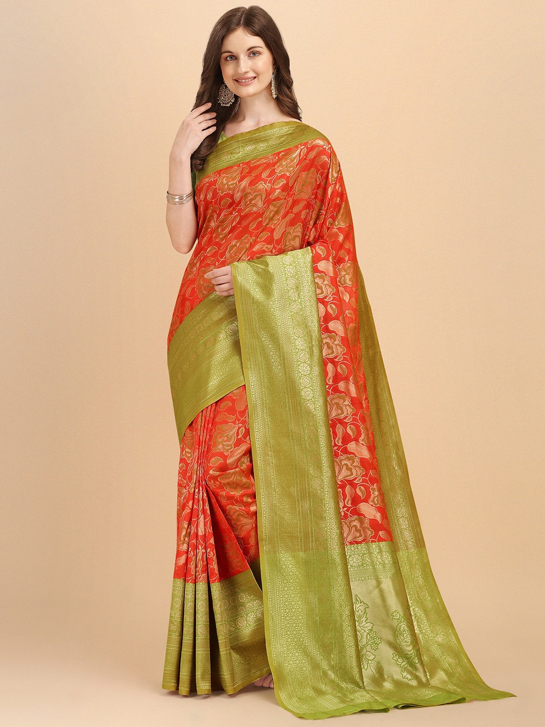 

Fashion Booms Red & Green Floral Zari Pure Silk Kanjeevaram Saree