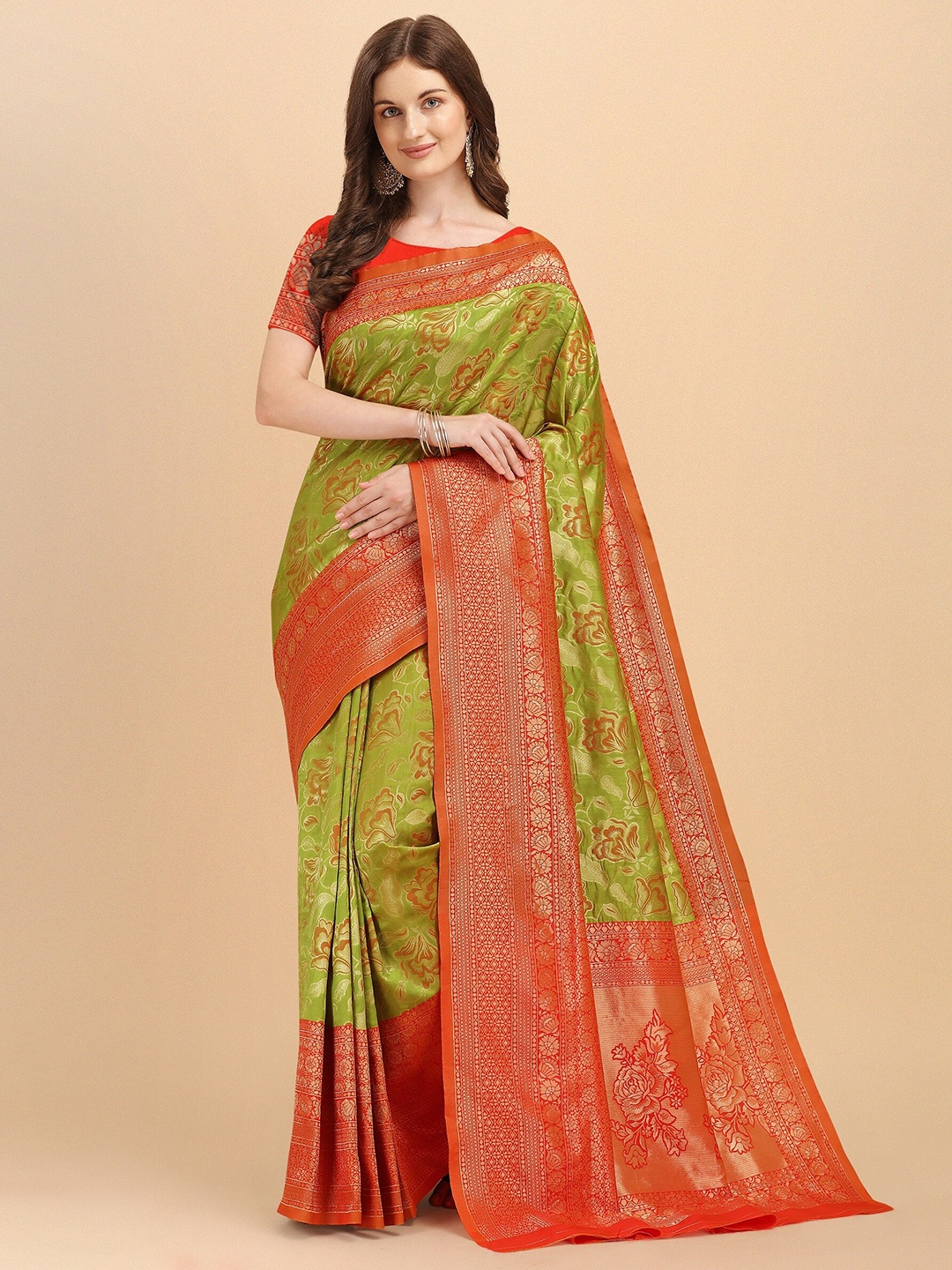 

Fashion Booms Green & Red Woven Design Zari Pure Silk Kanjeevaram Saree