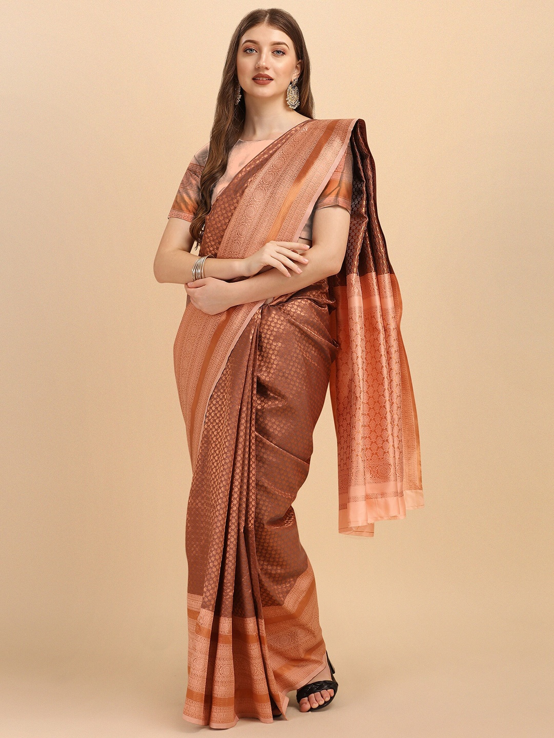 

Fashion Booms Copper-Toned & Gold-Toned Woven Design Zari Pure Silk Kanjeevaram Saree