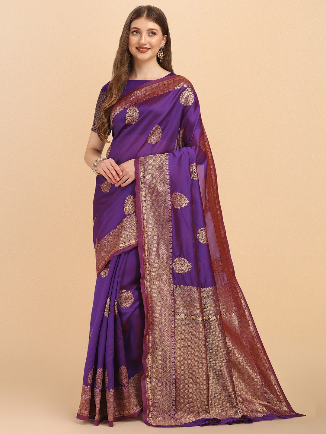 

Fashion Booms Purple & Gold-Toned Woven Design Zari Pure Silk Kanjeevaram Saree