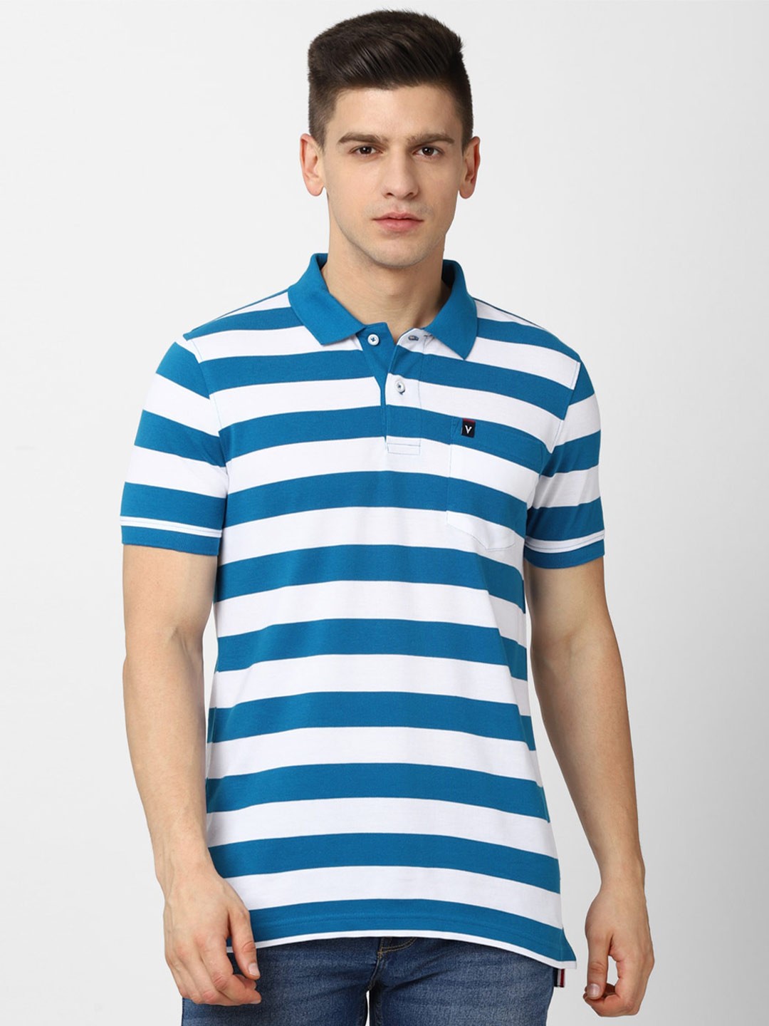

Van Heusen Sport Men Blue & White Striped Polo Collar T-shirt