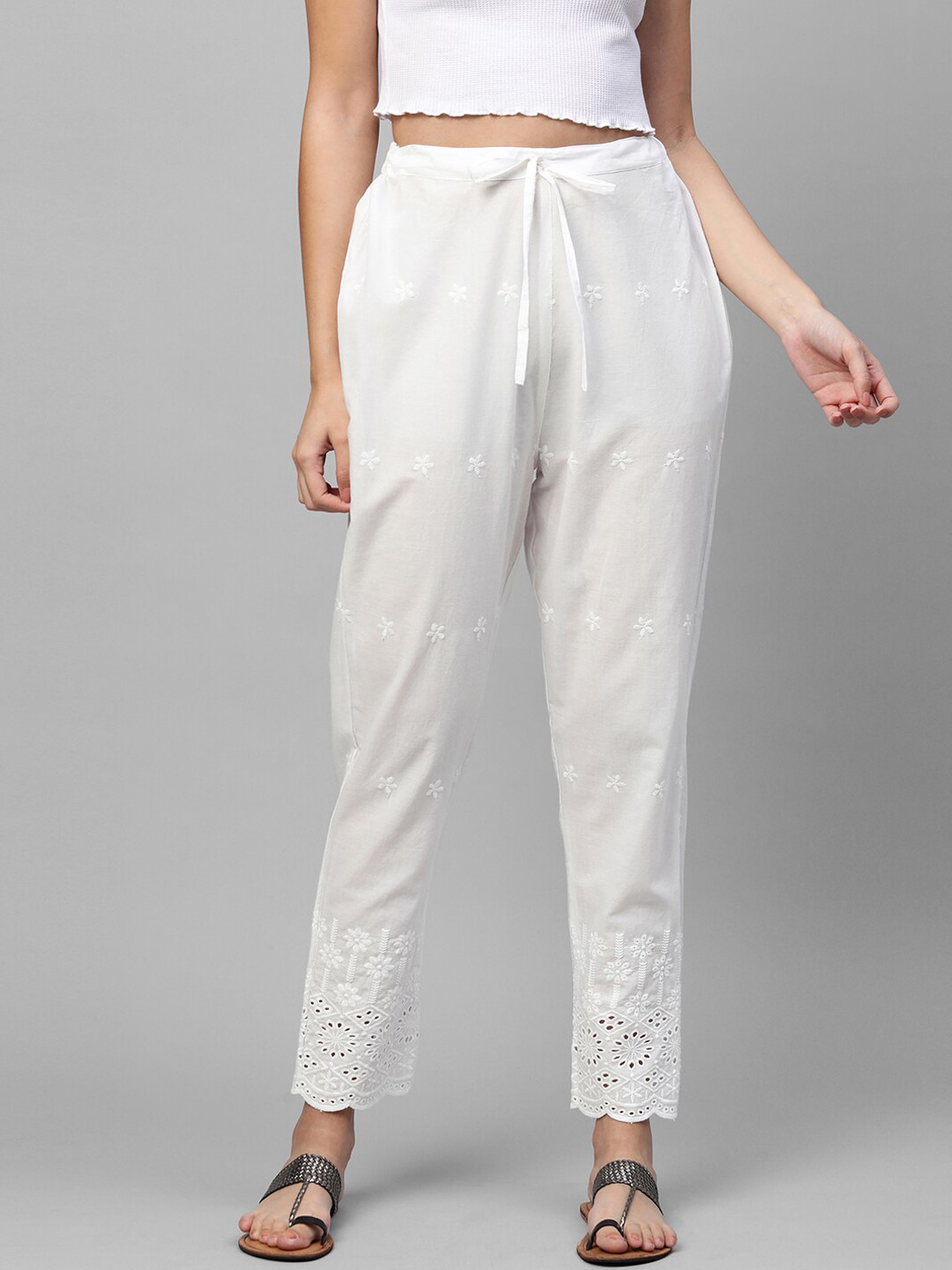 

FASHOR Women White Floral Comfort Straight Fit Chambray Pleated Trousers