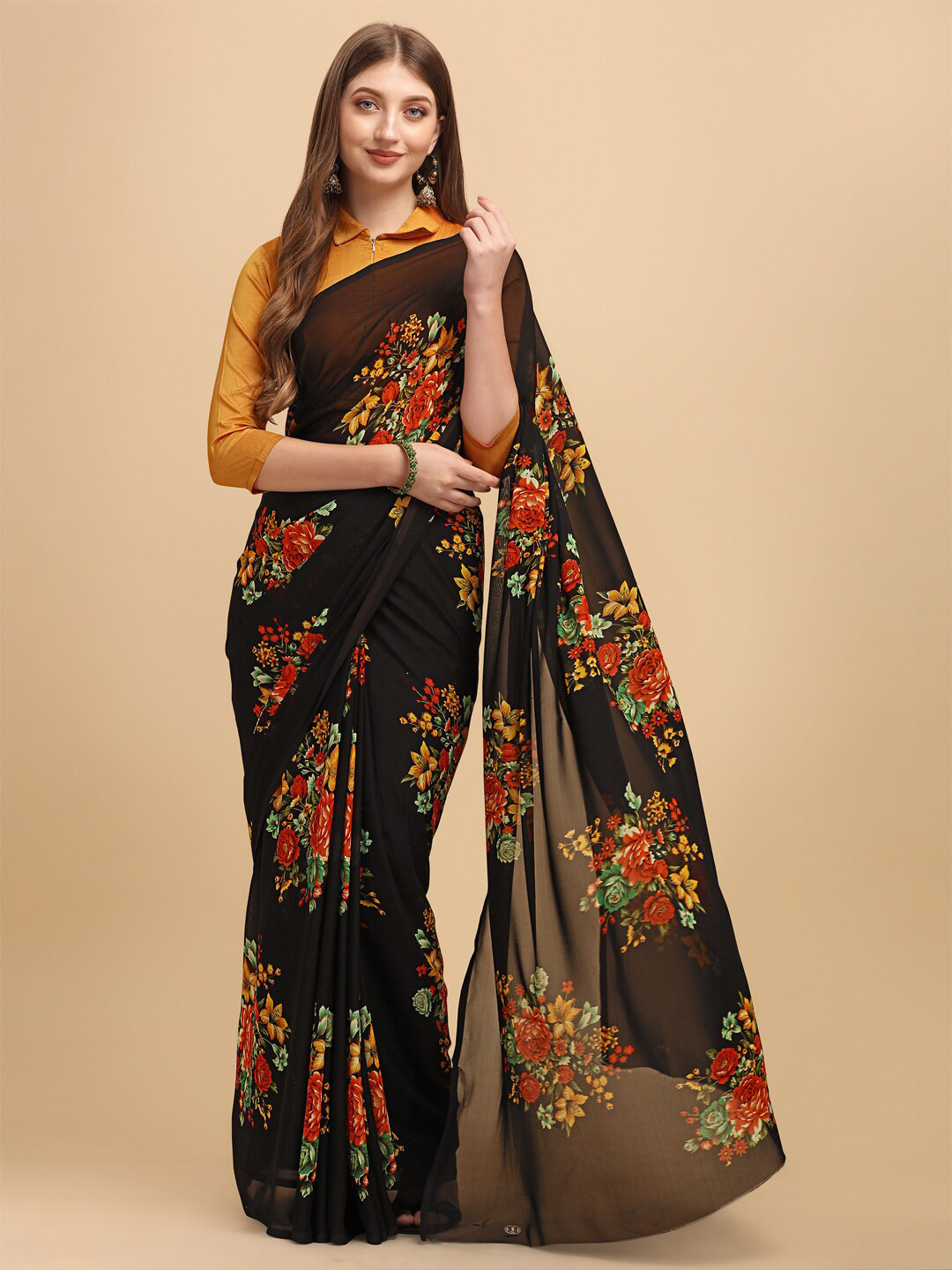 

Sangria Black & Red Floral Printed Saree