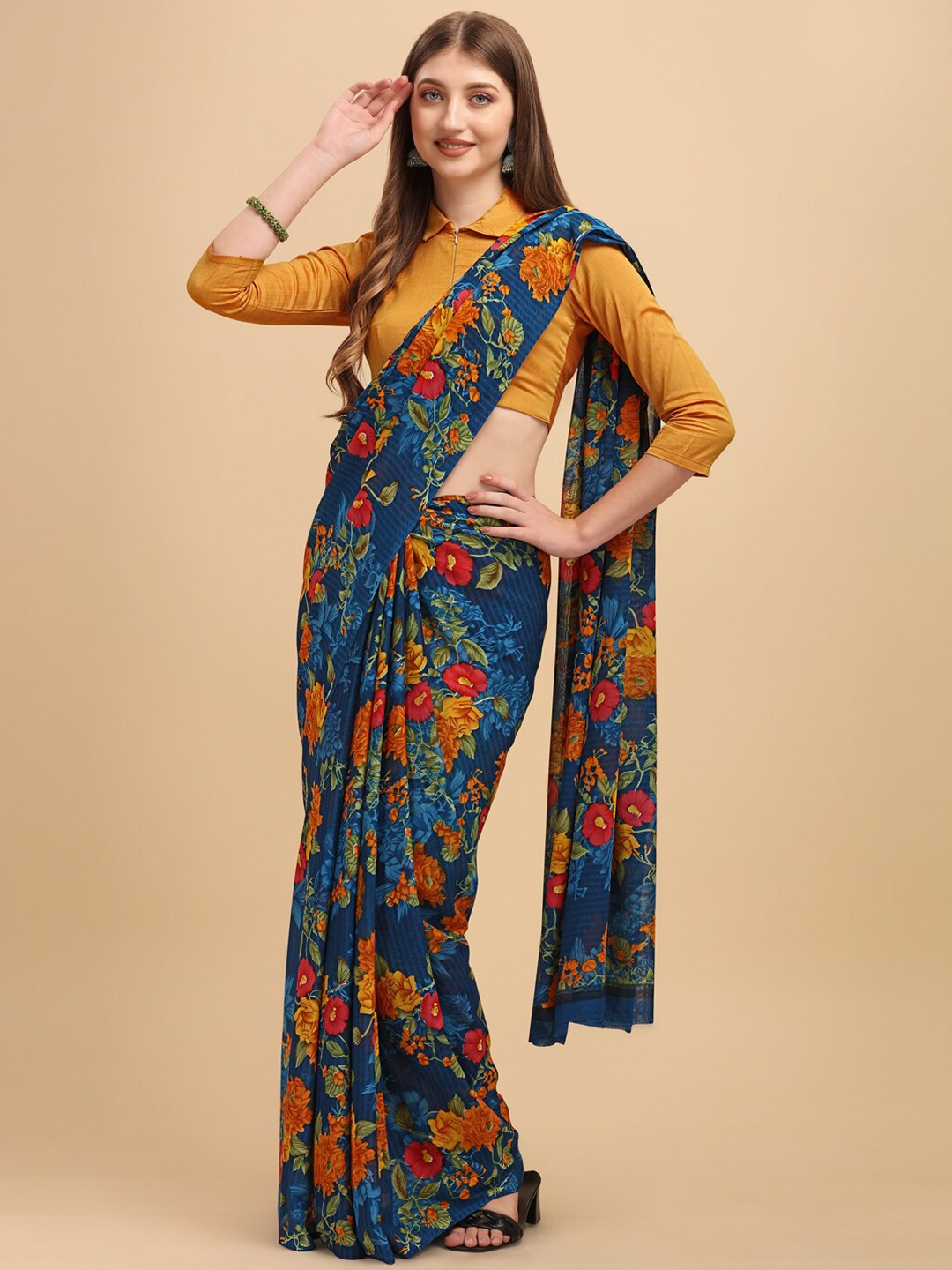 

Sangria Blue & Mustard Floral Saree