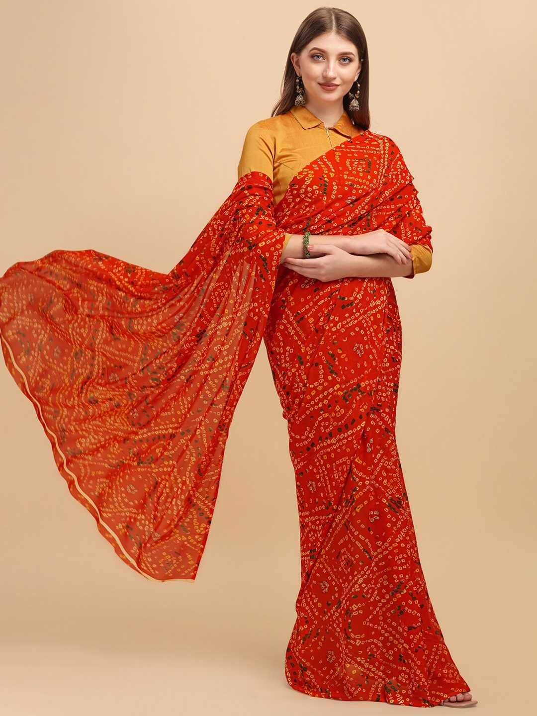 

Sangria Orange & Mustard Bandhani Printed Saree