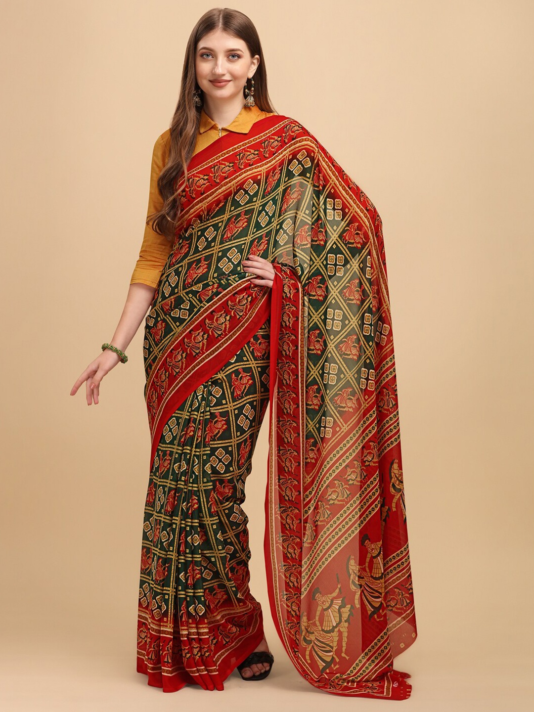 

Sangria Green & Red Printed Georgette Saree