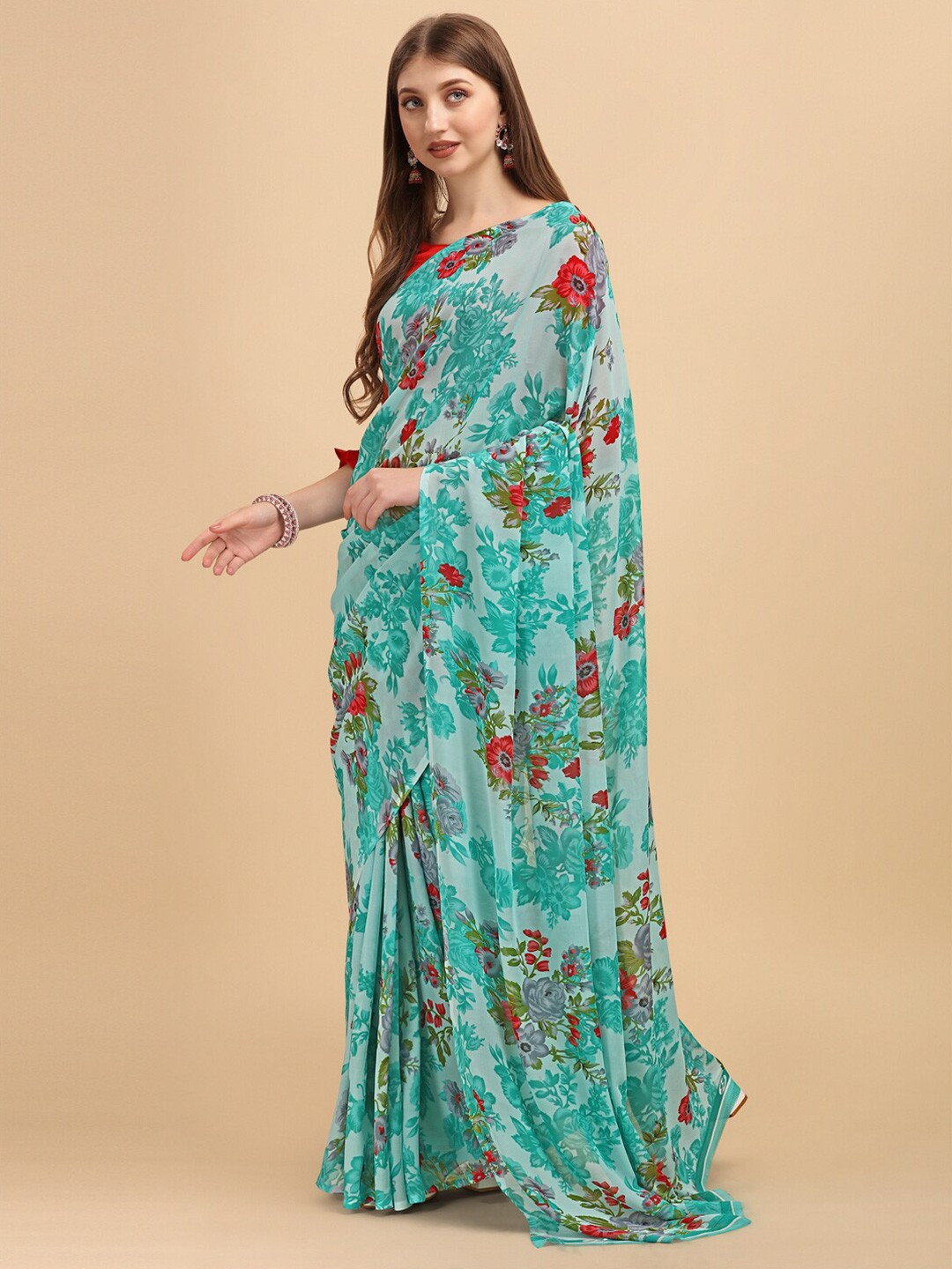 

Sangria Turquoise Blue & Red Floral Saree