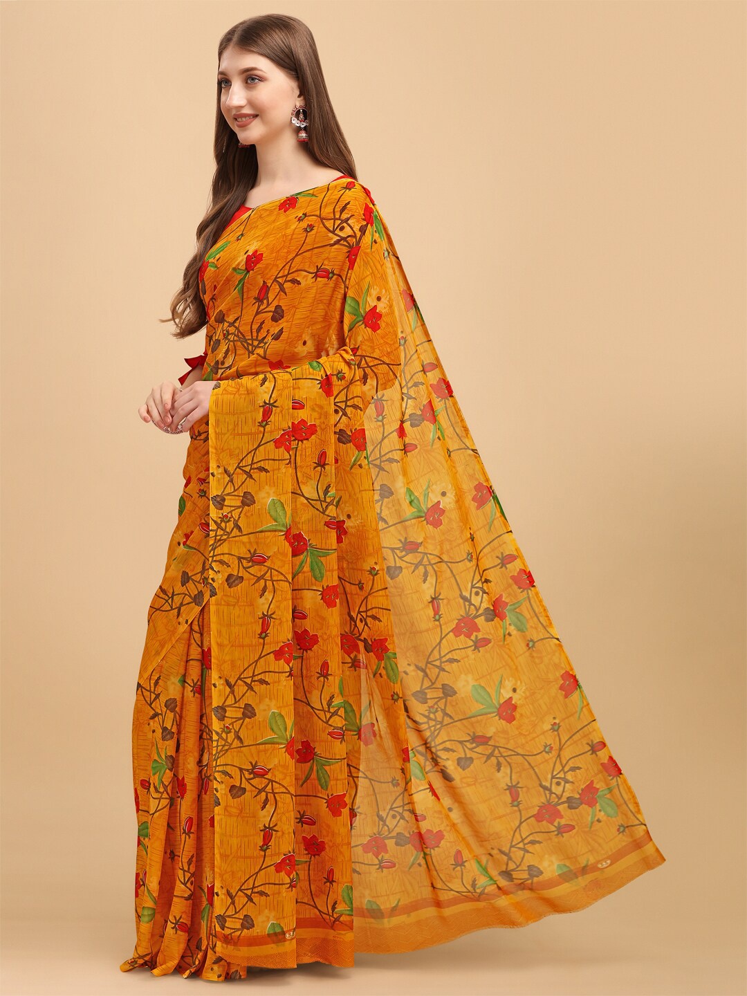 

Sangria Mustard & Green Floral Saree
