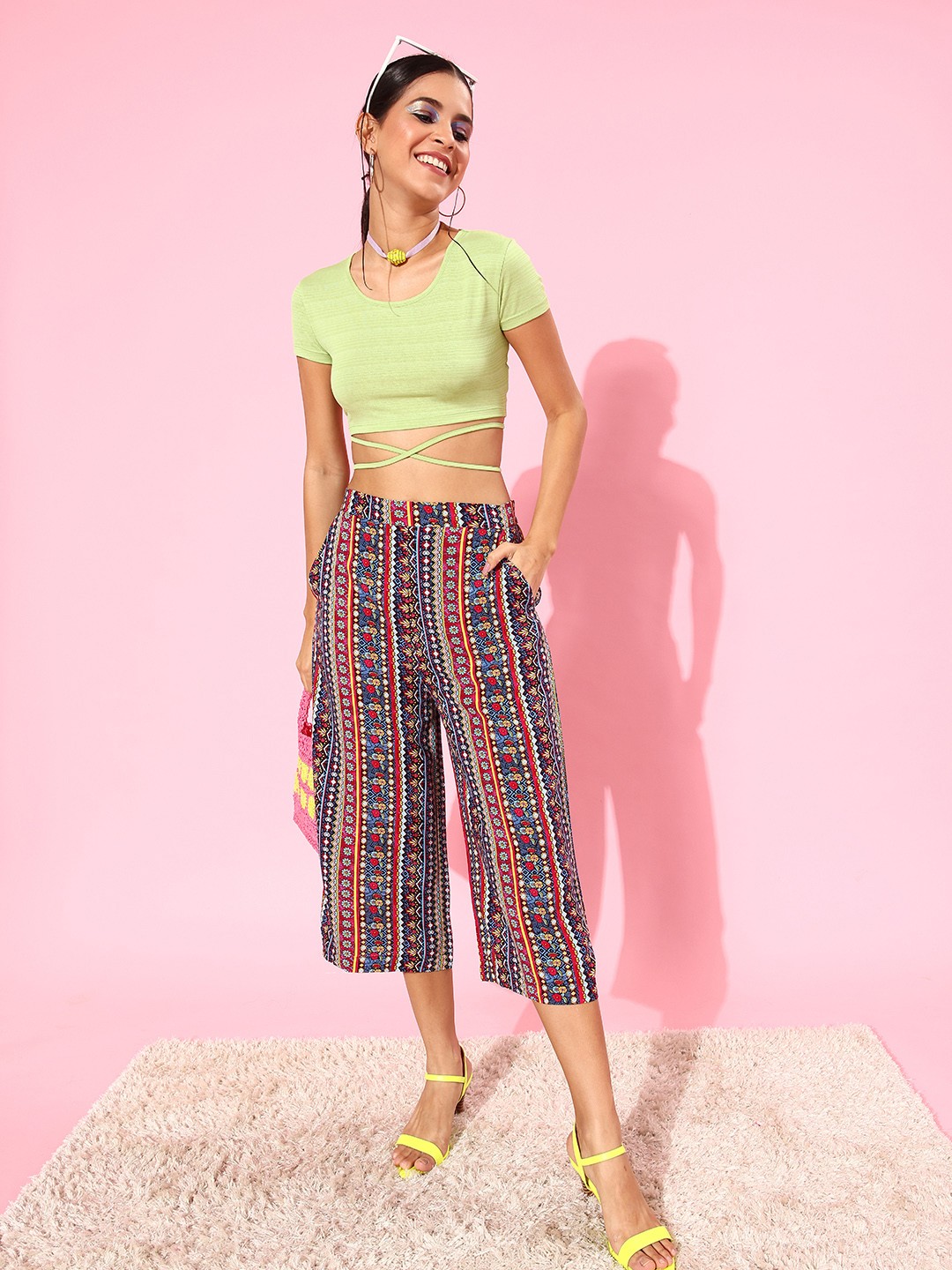 

HERE&NOW Stunning Lime Green Horizontal Striped Strings Attached Top