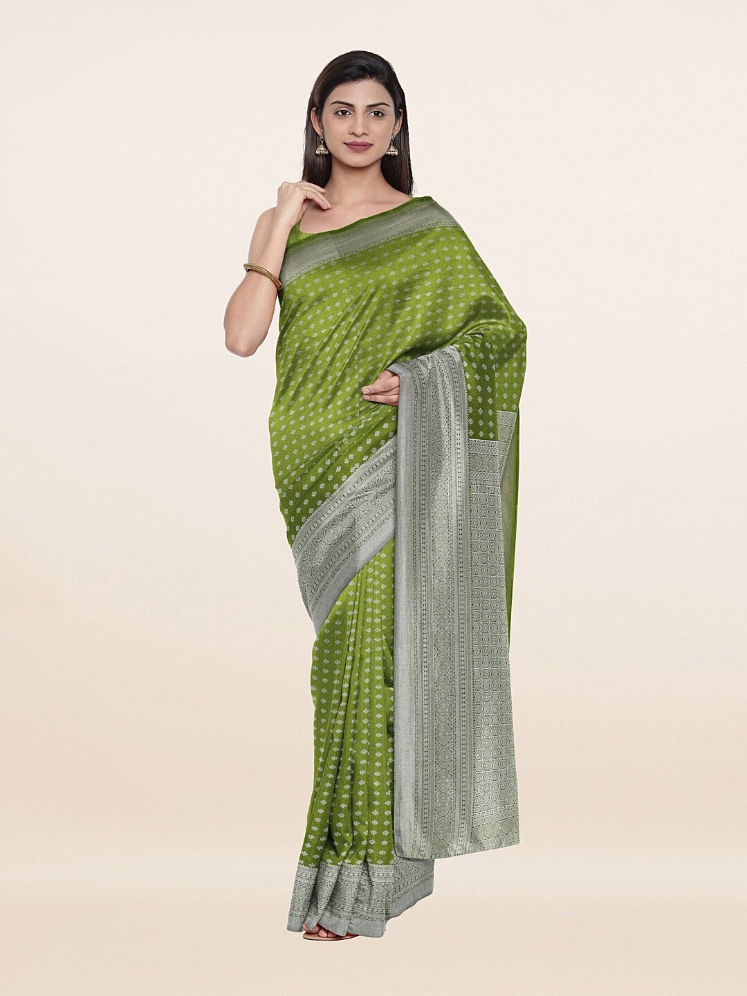 

Pothys Green & Silver-Toned Woven Design Zari Art Silk Saree