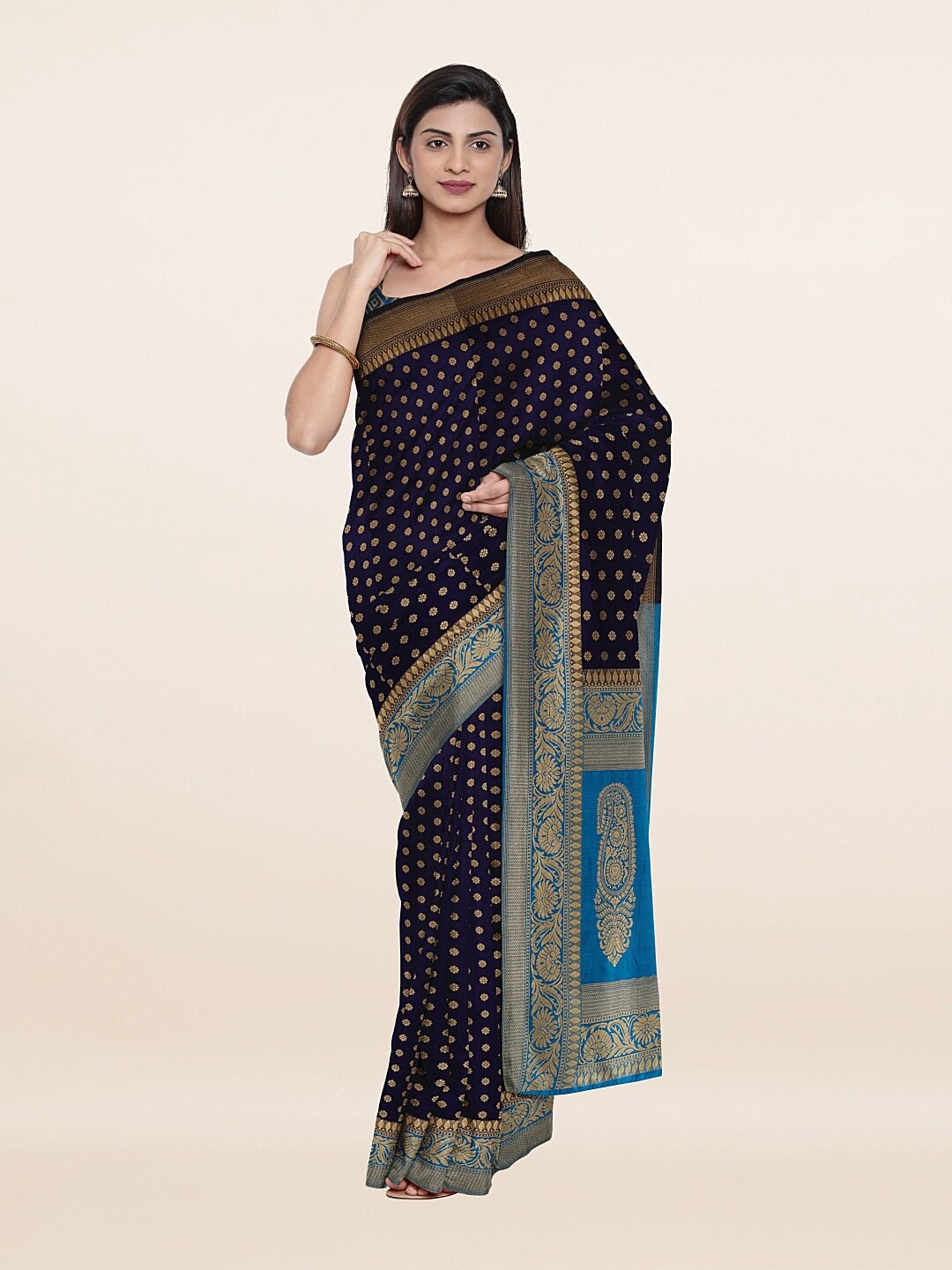 

Pothys Navy Blue & Gold-Toned Woven Design Zari Art Silk Saree