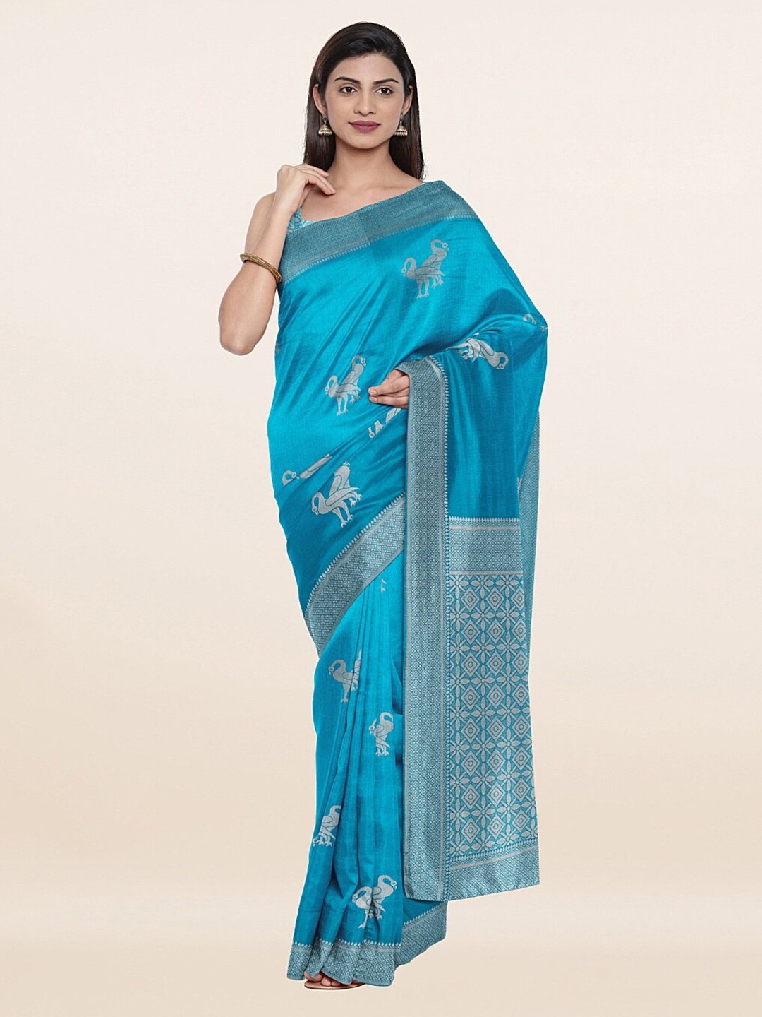 

Pothys Blue & Silver-Toned Woven Design Zari Art Silk Saree