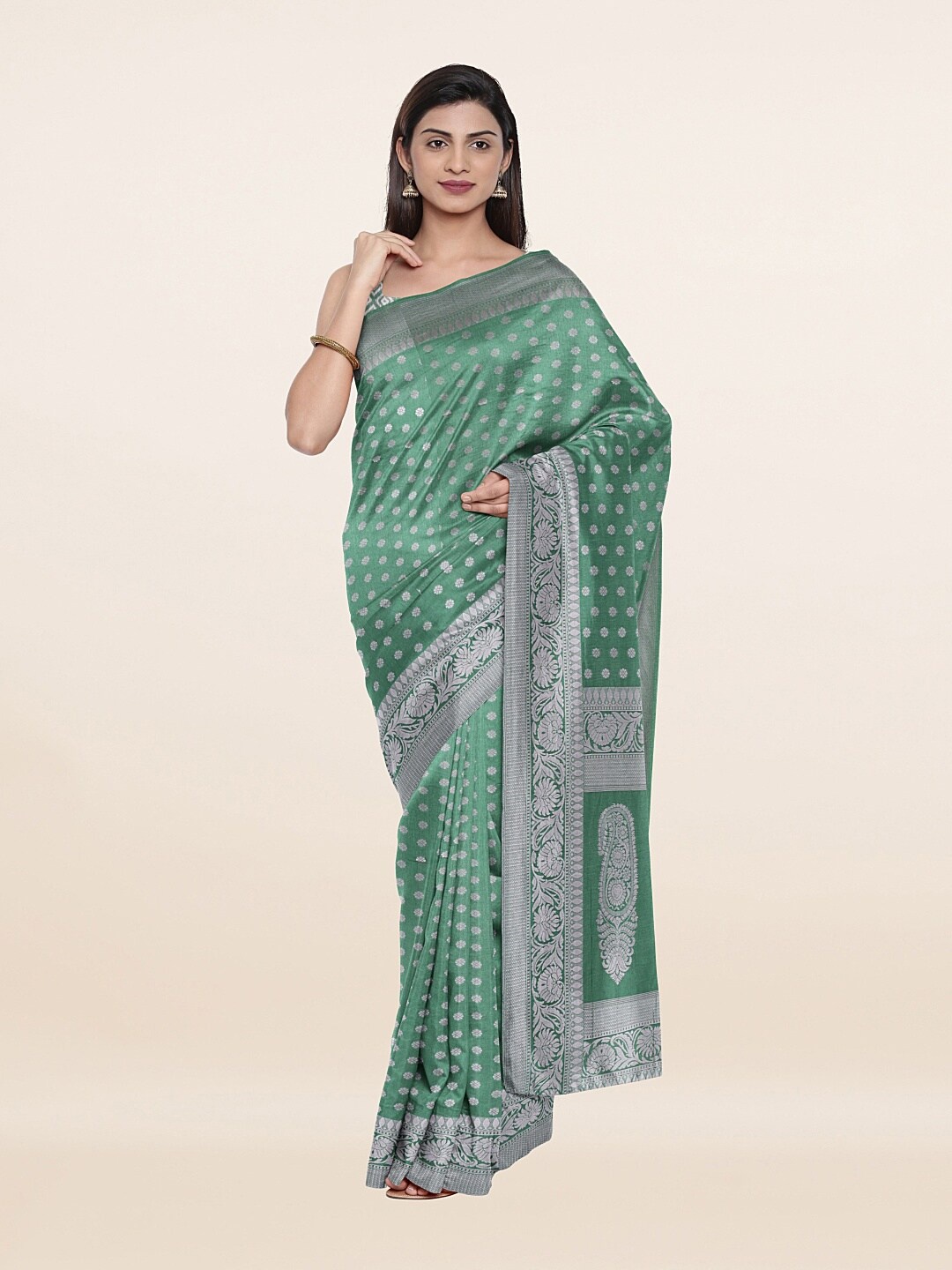 

Pothys Green & Silver-Toned Floral Art Silk Saree