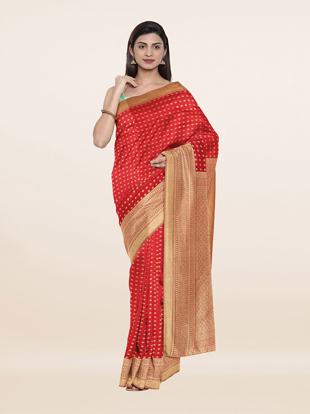 

Pothys Red & Gold-Toned Floral Woven Design Art Silk Saree