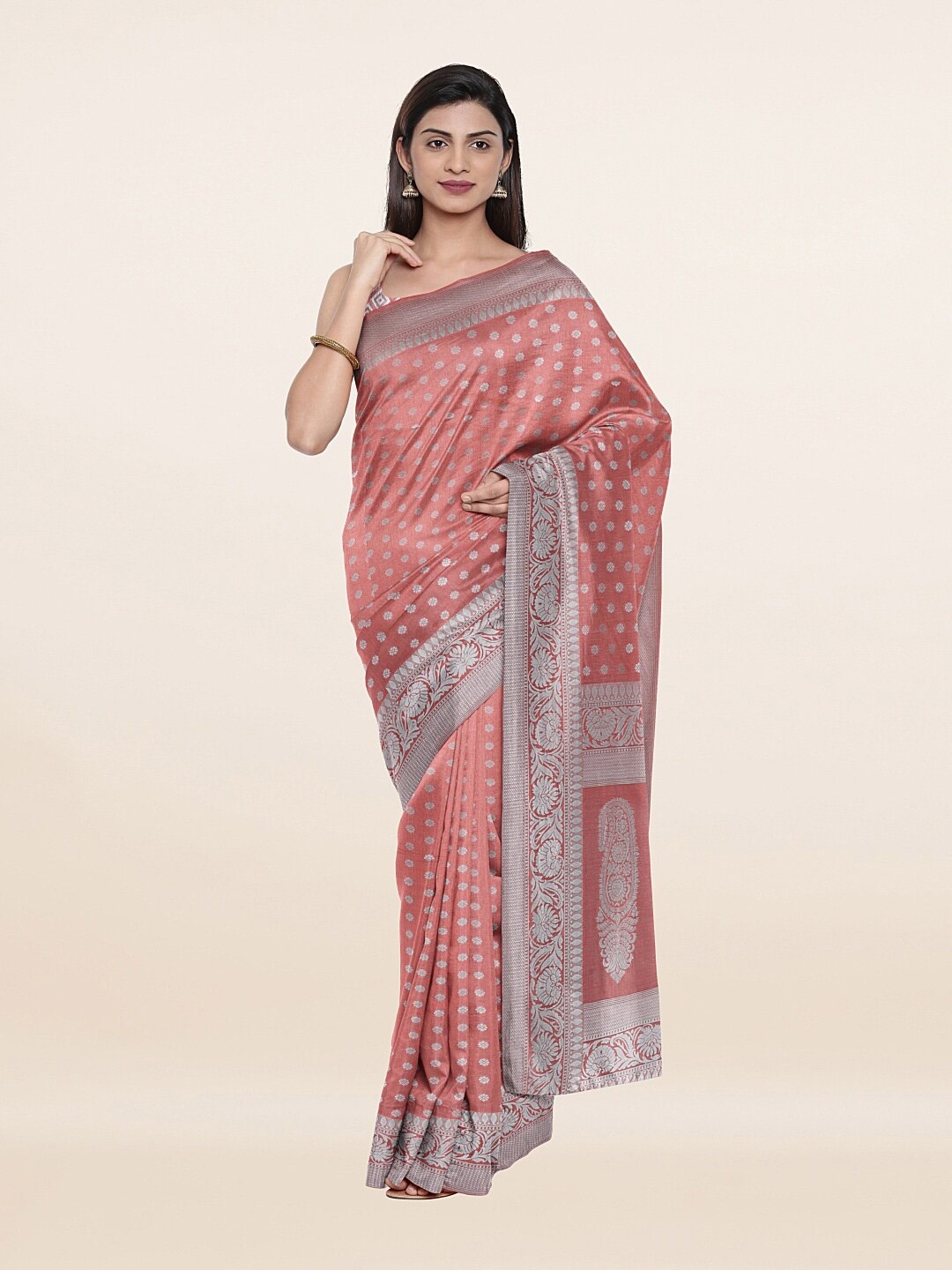 

Pothys Pink & Silver Floral Zari Art Silk Saree