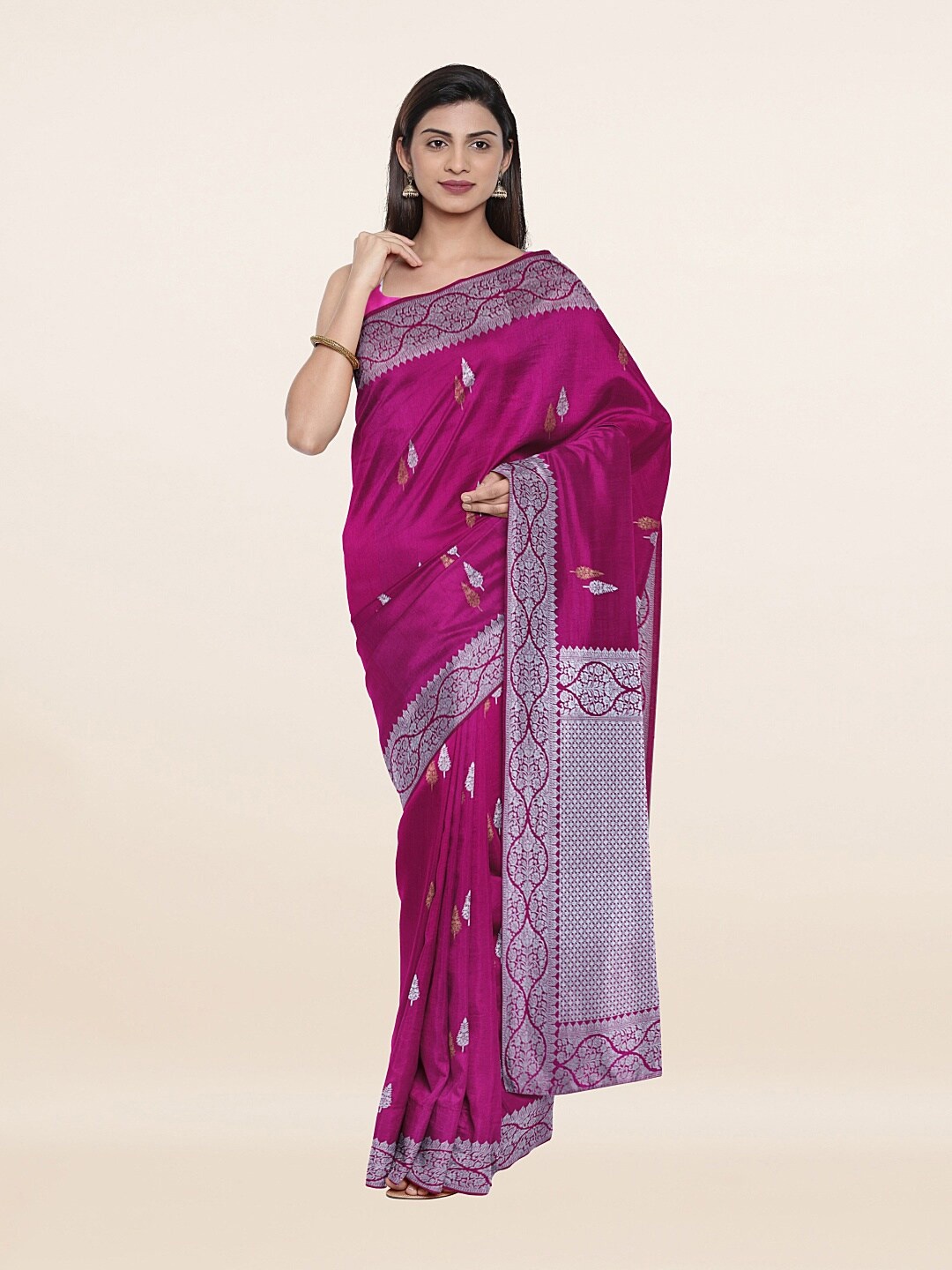 

Pothys Pink & Silver-Toned Woven Design Zari Art Silk Saree
