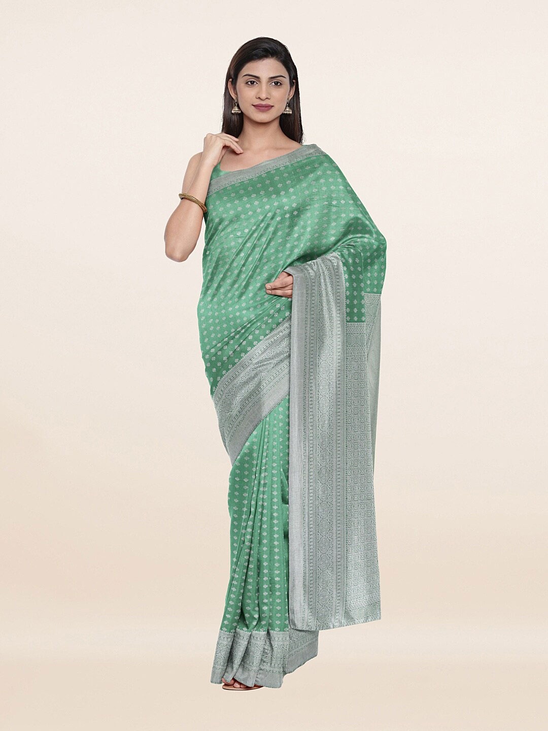 

Pothys Green & Silver-Toned Floral Woven Design Art Silk Saree