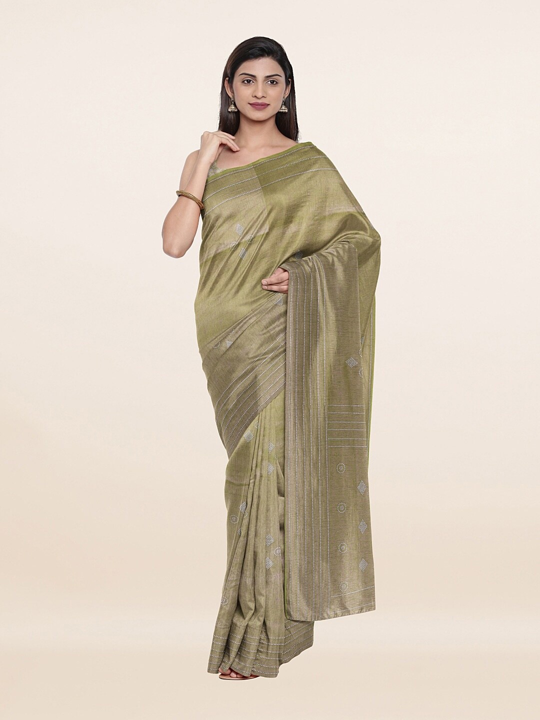 

Pothys Green & Silver-Toned Woven Design Zari Saree