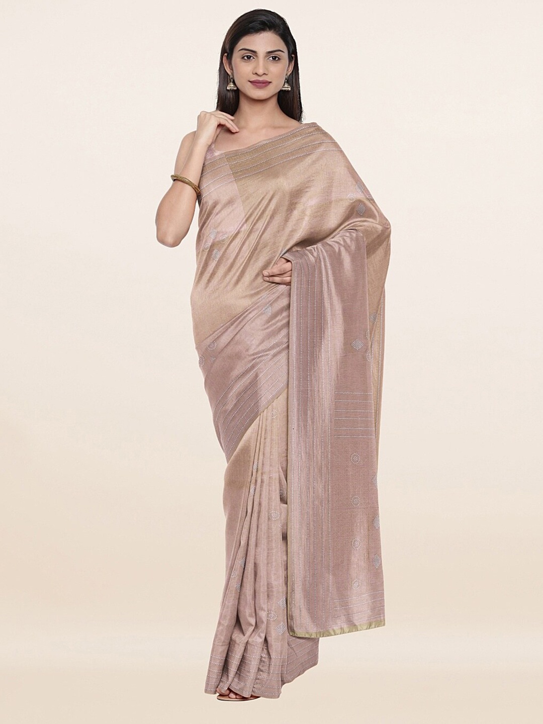 

Pothys Peach-Coloured & Golden Embellished Beads and Stones Saree