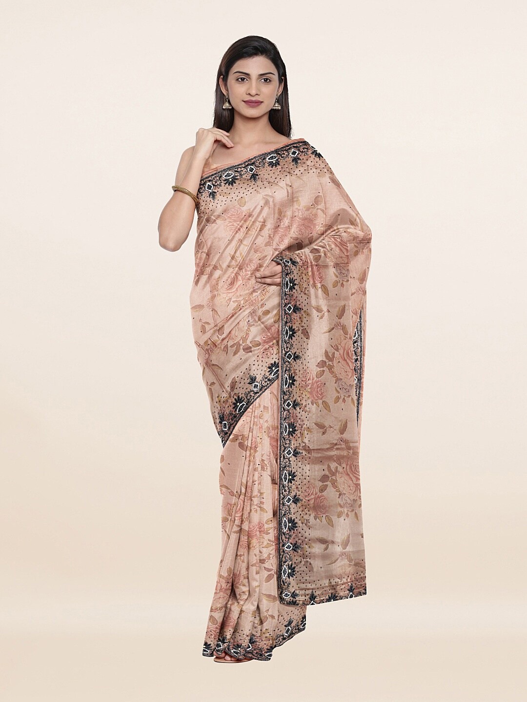 

Pothys Peach-Coloured & Black Floral Printed Beads and Stones Saree