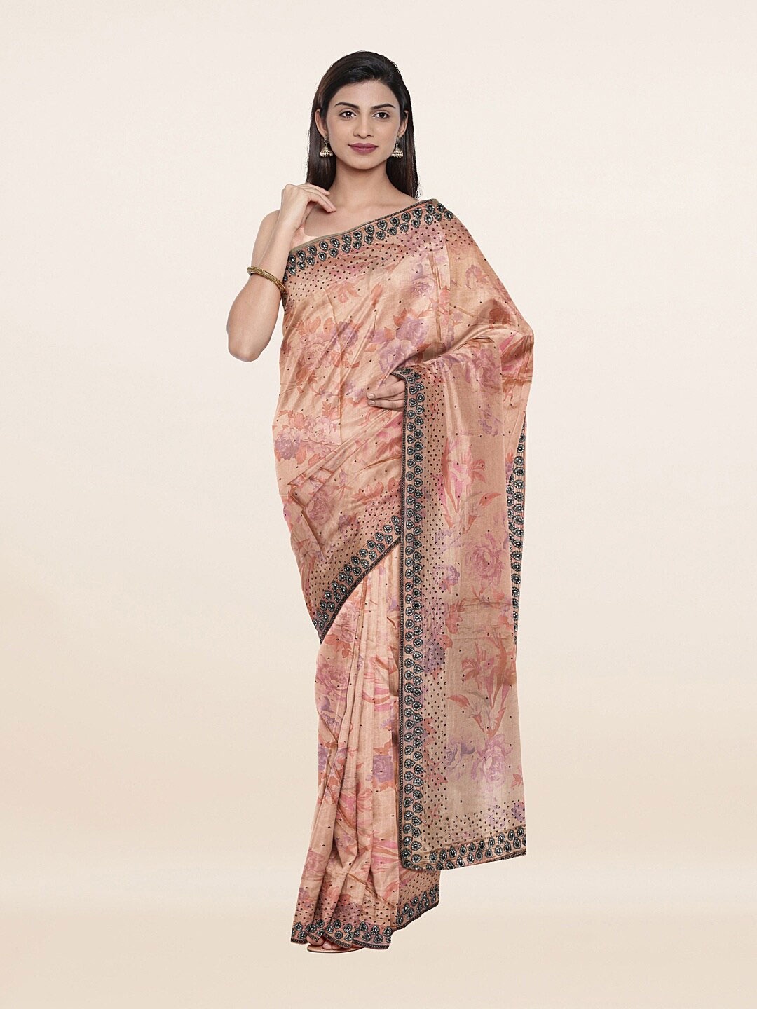 

Pothys Peach-Coloured & Black Embellished Beads and Stones Saree