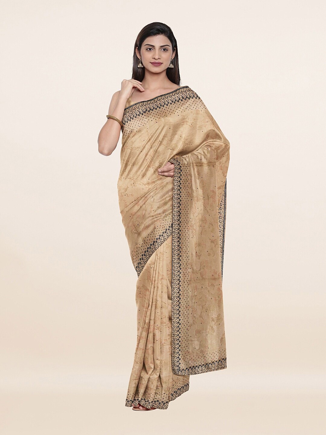 

Pothys Cream-Coloured & Black Embellished Beads and Stones Saree