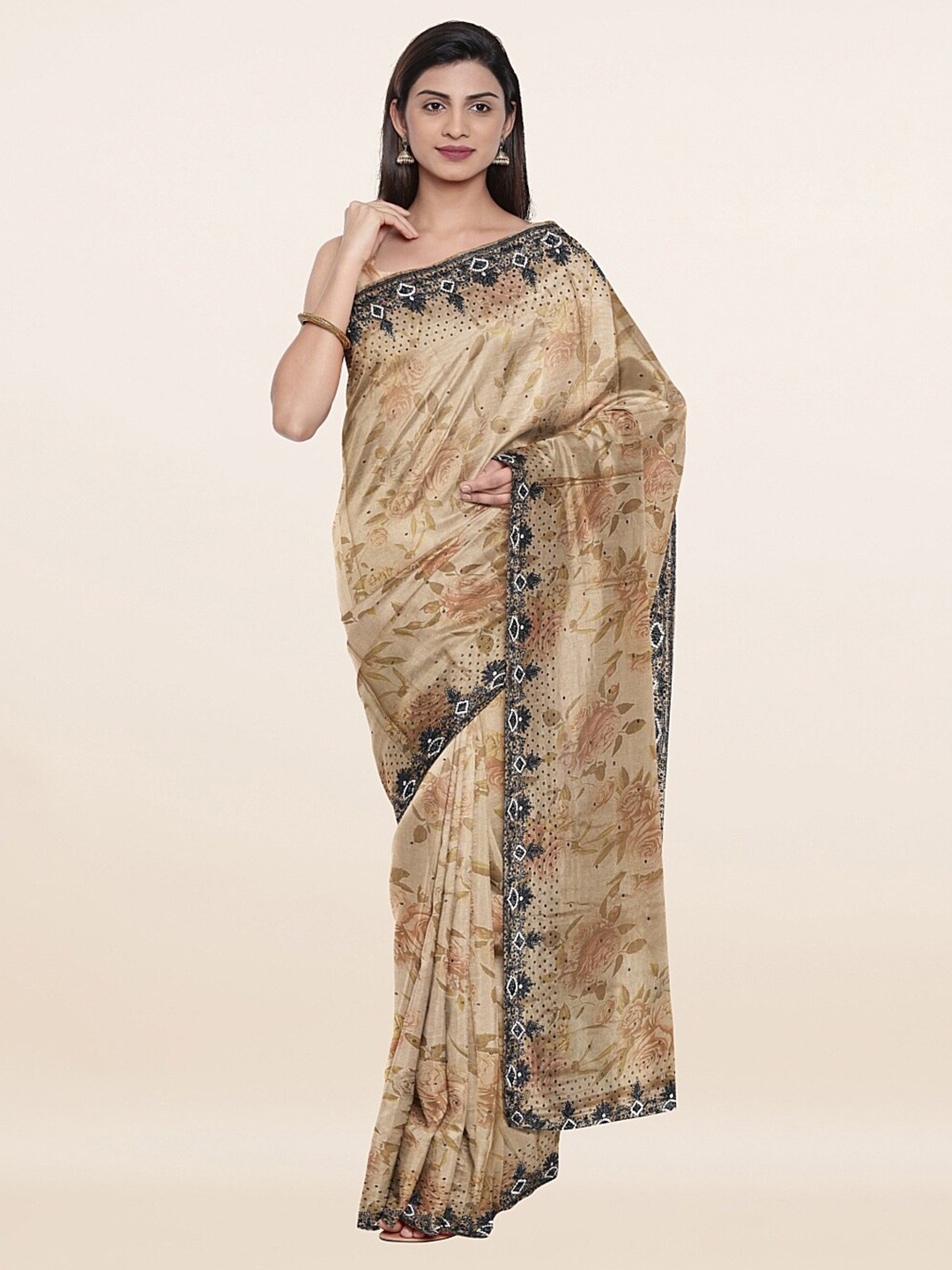 

Pothys Tan & Black Floral Beads and Stones Saree