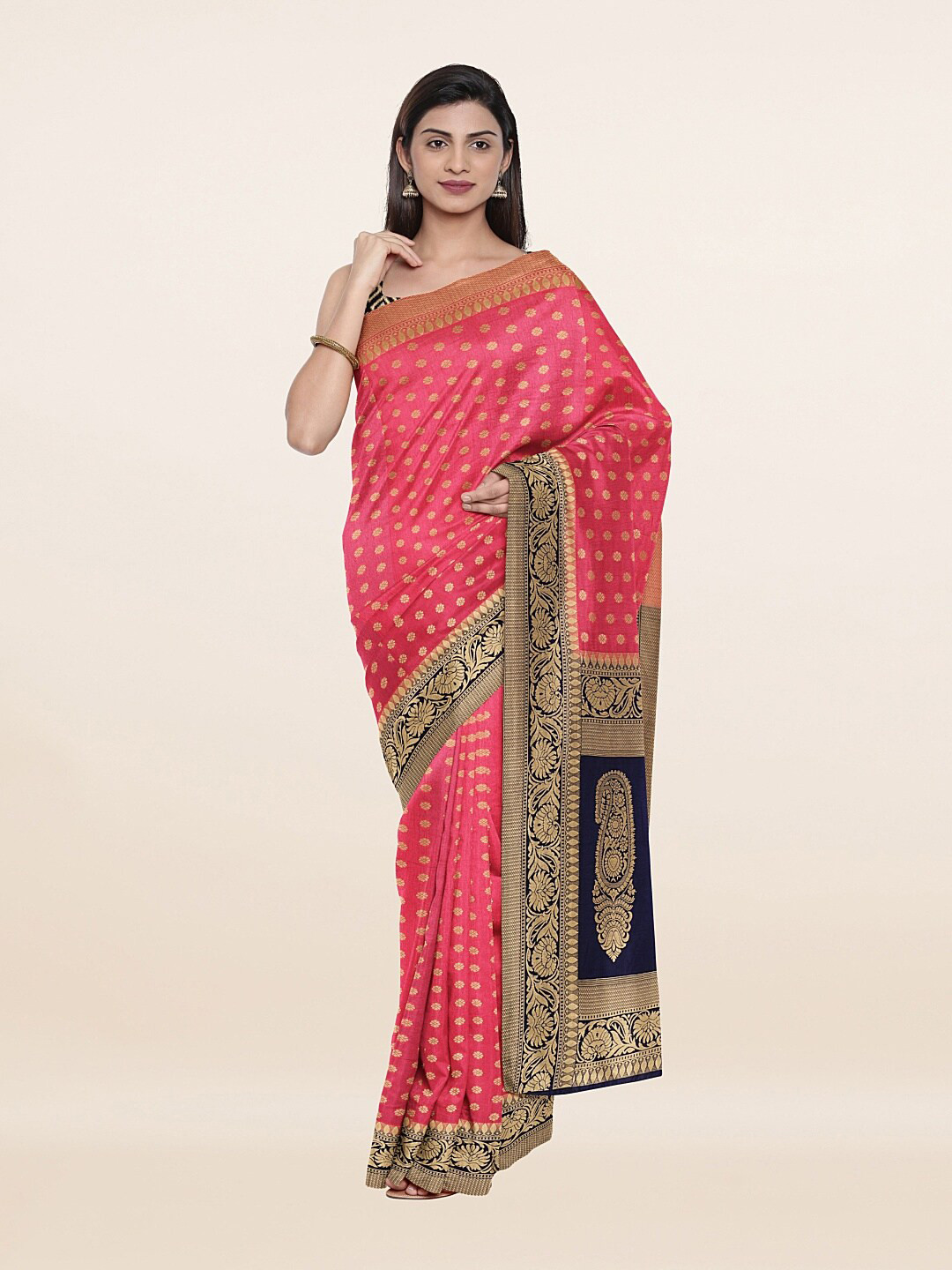 

Pothys Pink & Navy Blue Floral Zari Art Silk Saree