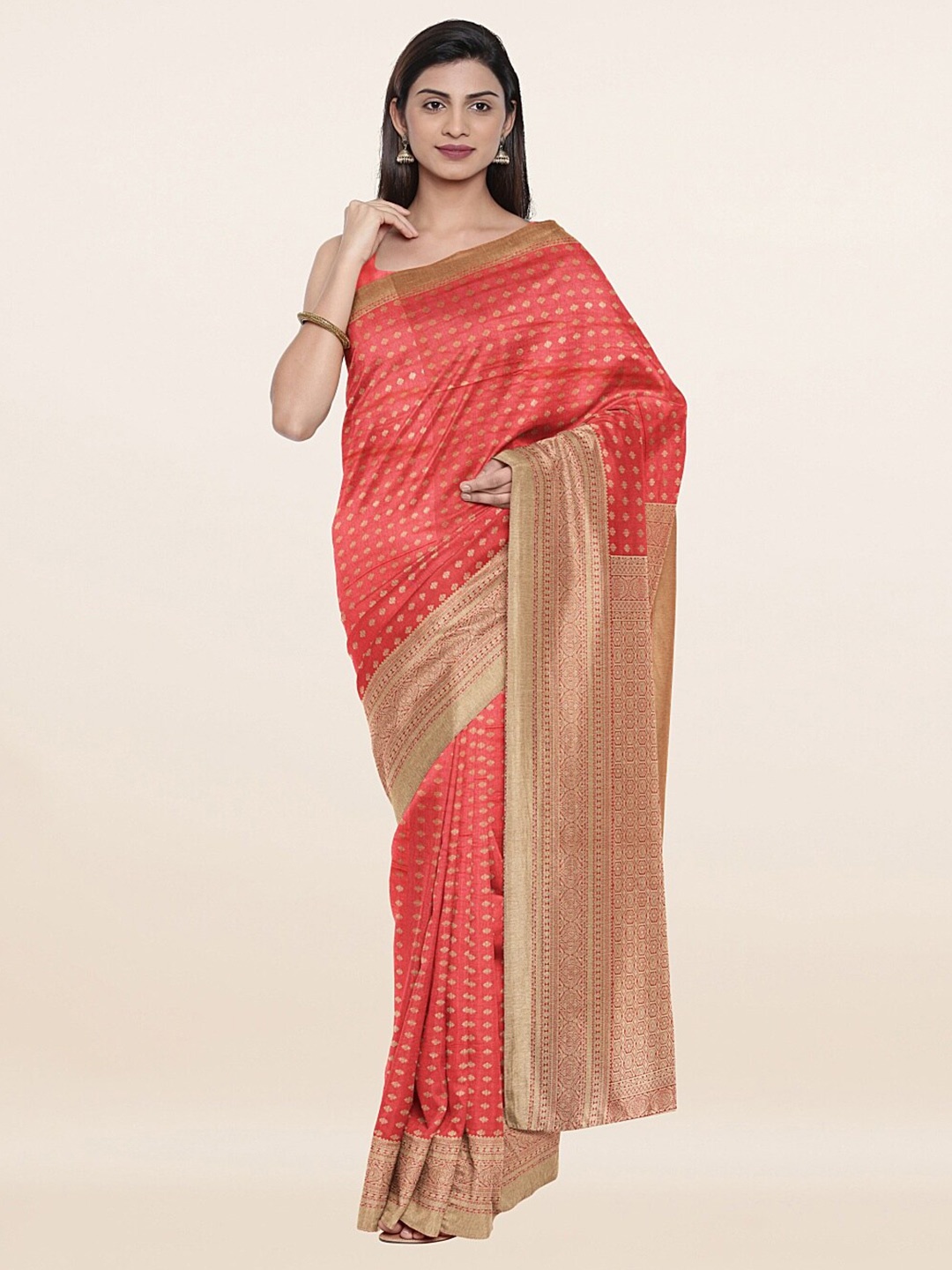

Pothys Orange & Gold-Toned Woven Design Art Silk Saree