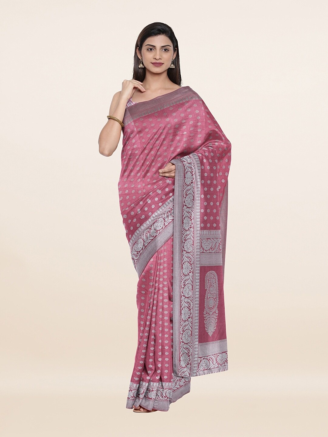 

Pothys Pink & Silver-Toned Woven Design Zari Art Silk Saree