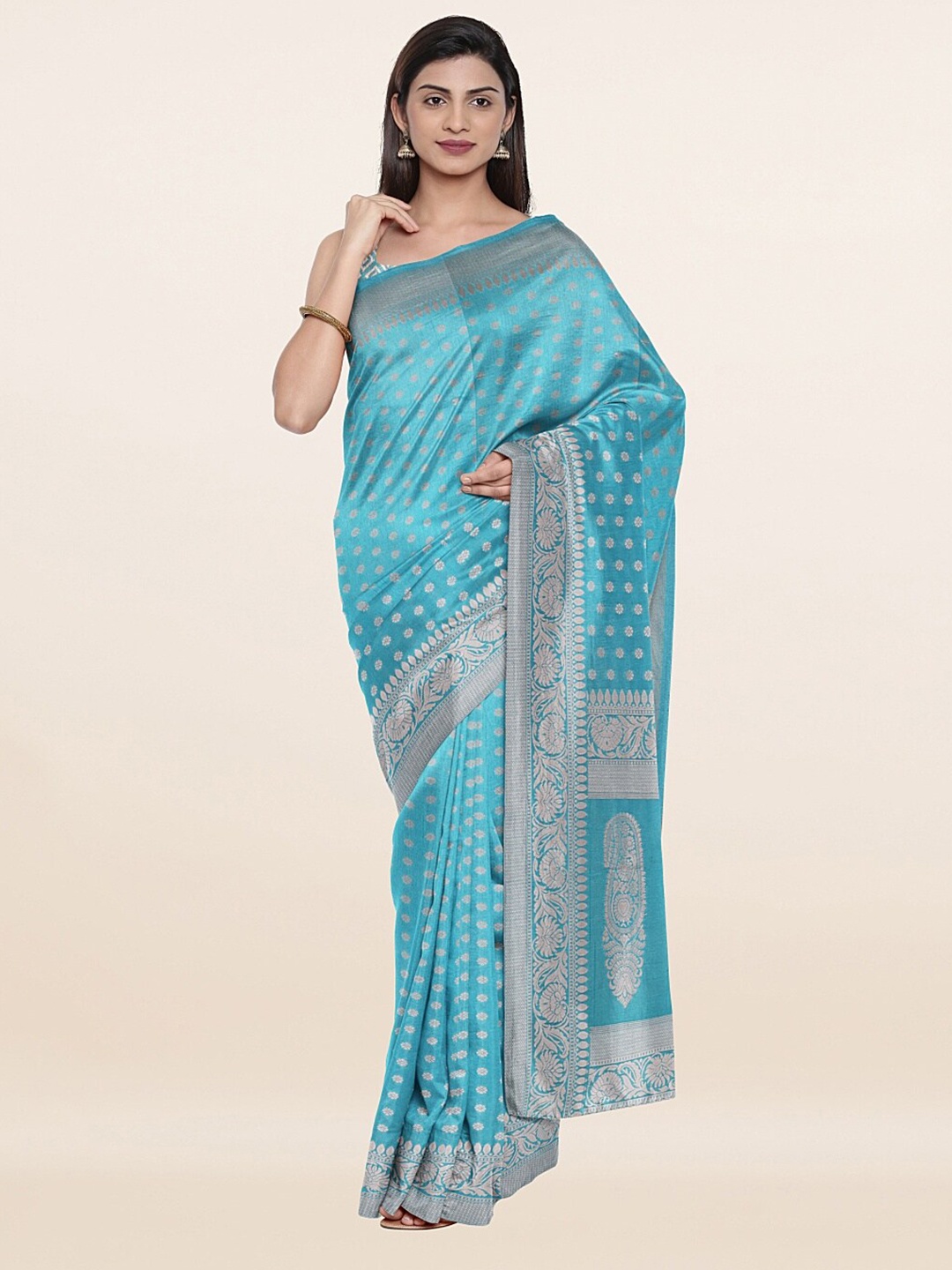 

Pothys Blue & Silver-Toned Floral Zari Art Silk Saree