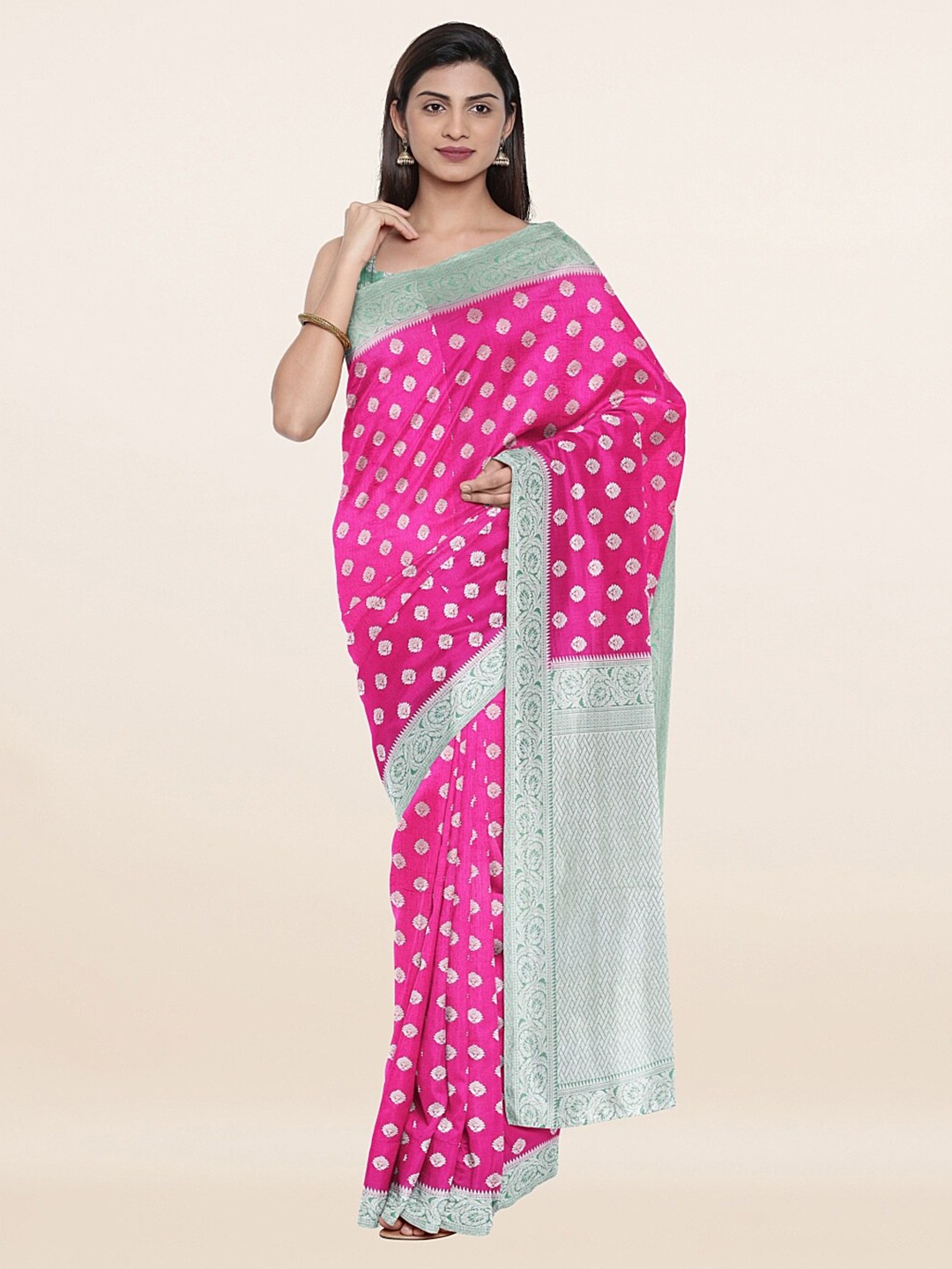 

Pothys Pink & Silver-Toned Floral Zari Art Silk Saree