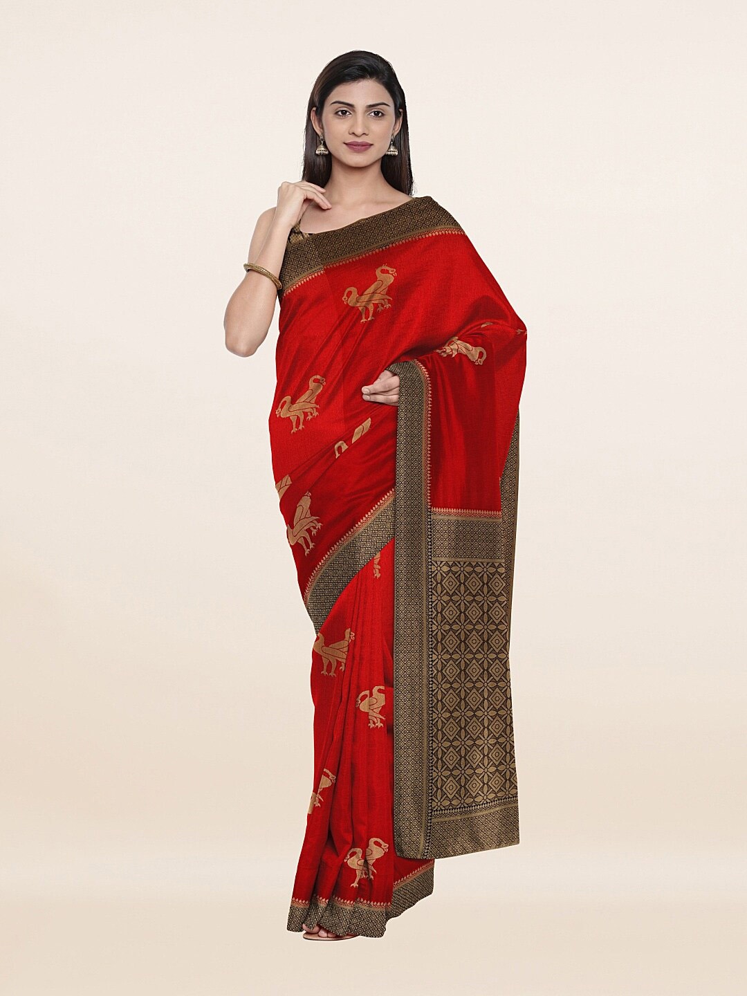 

Pothys Red & Gold-Toned Floral Zari Art Silk Saree
