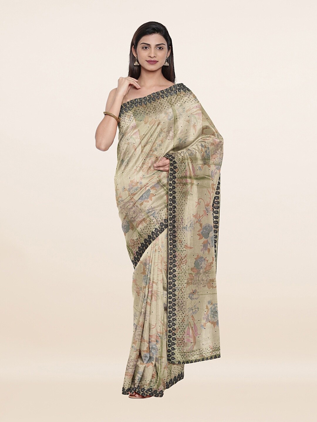 

Pothys Green & Beige Floral Embellished Poly Georgette Saree