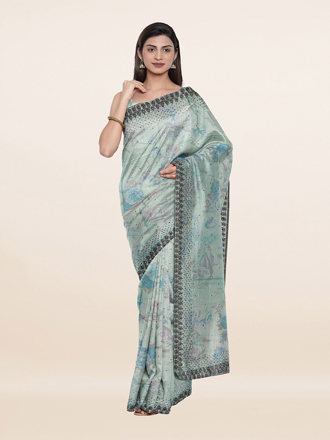 

Pothys Blue & Pink Floral Printed Beads and Stones Saree