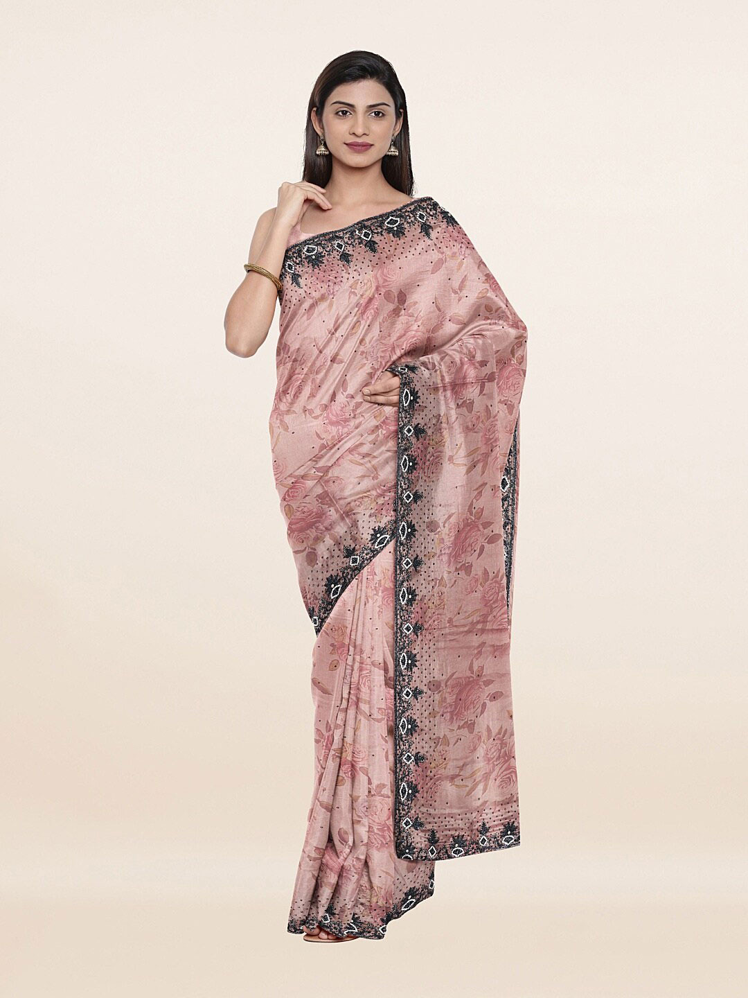 

Pothys Pink & Silver Floral Beads and Stones Saree