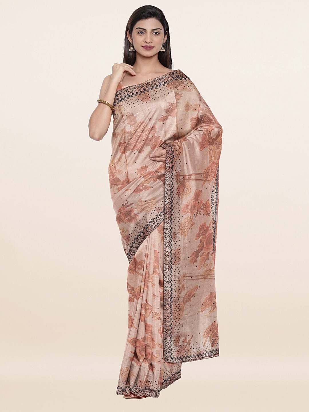 

Pothys Peach-Coloured & Black Embellished Poly Georgette Saree