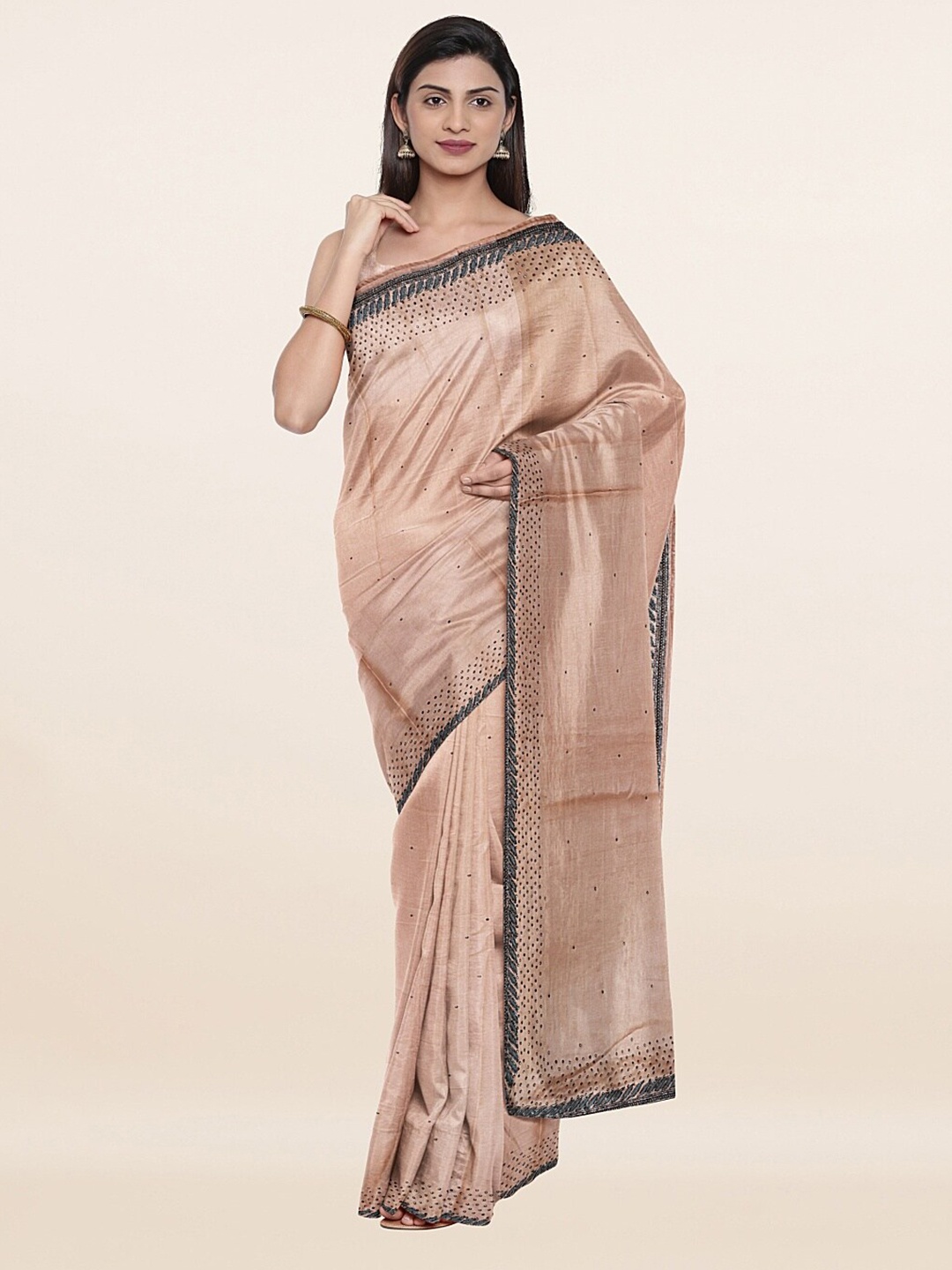 

Pothys Peach-Coloured & Black Embellished Beads and Stones Saree