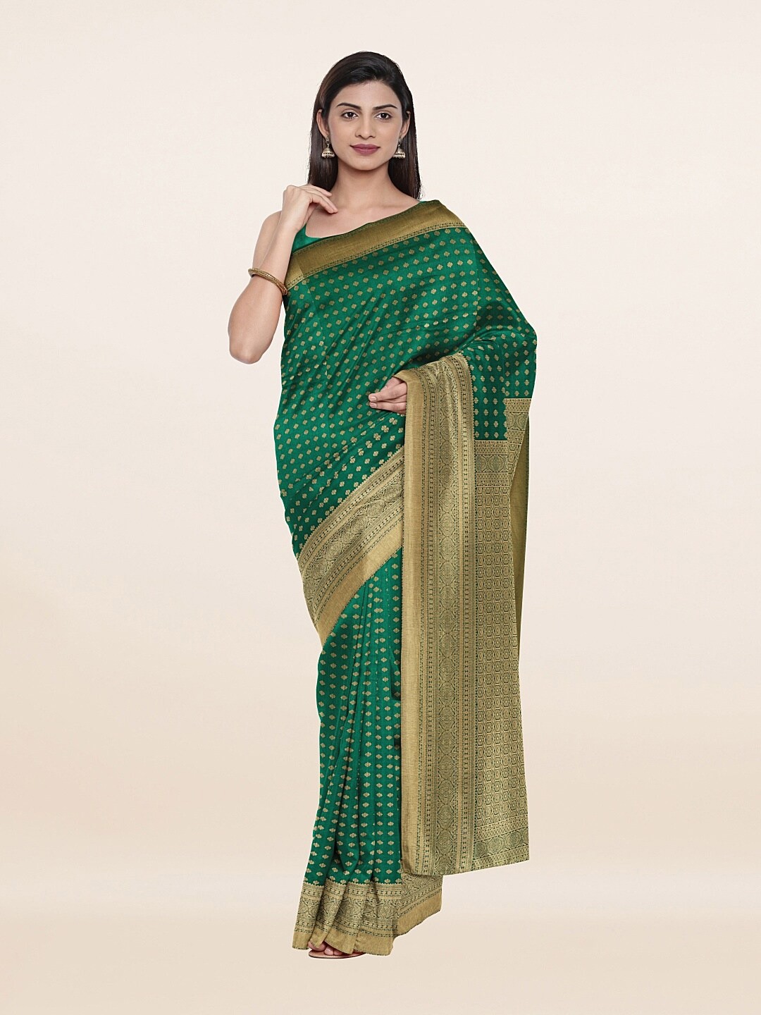 

Pothys Green & Silver-Toned Woven Design Art Silk Saree