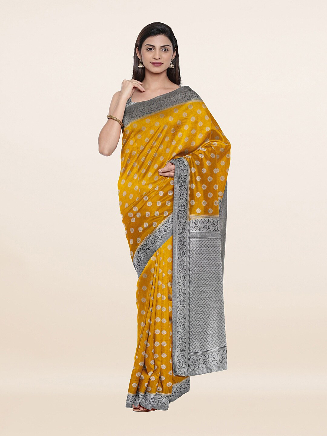 

Pothys Yellow & Silver Floral Zari Art Silk Saree